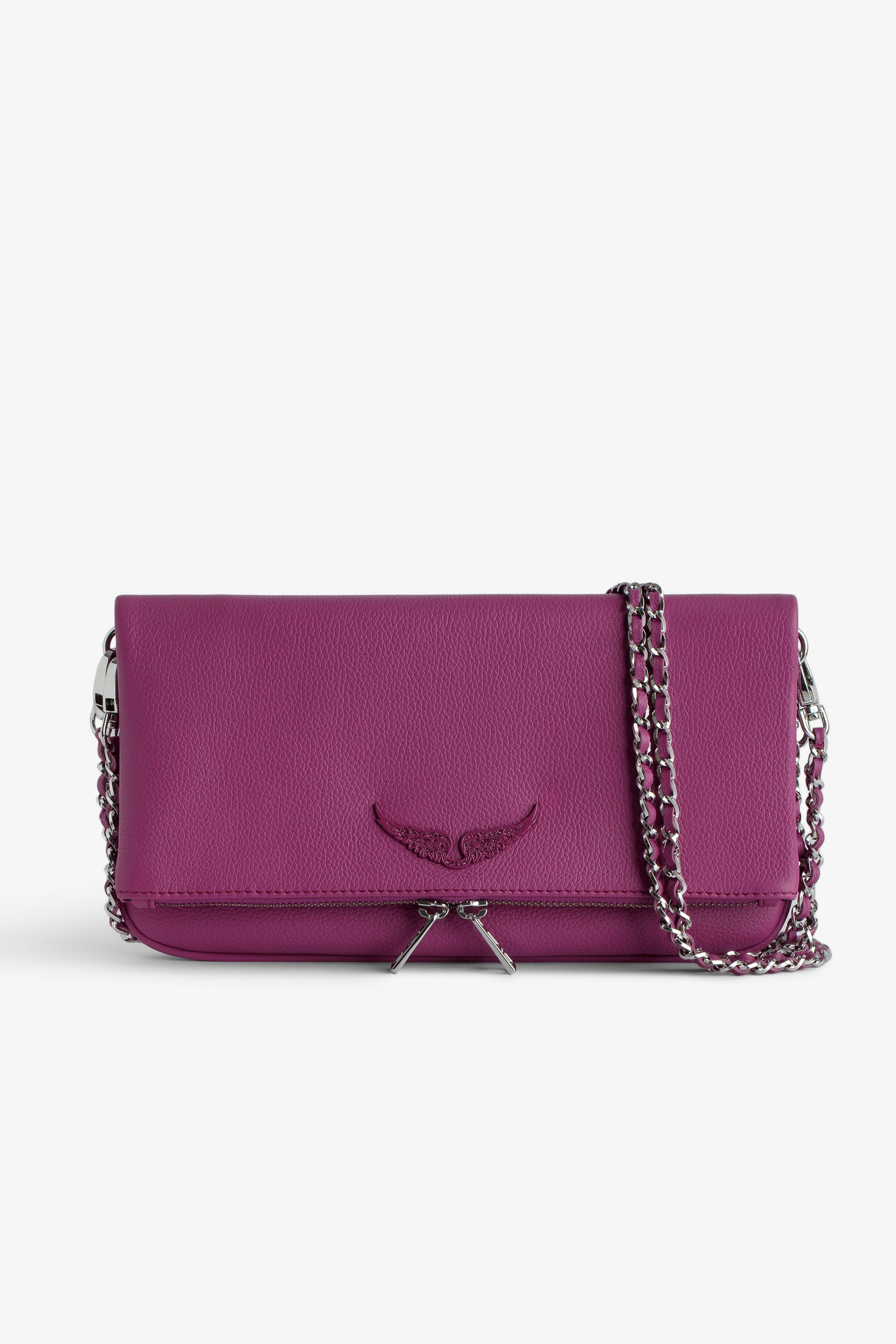 Rock Clutch - Women’s fuchsia grained leather clutch with double leather and metal chain strap.
