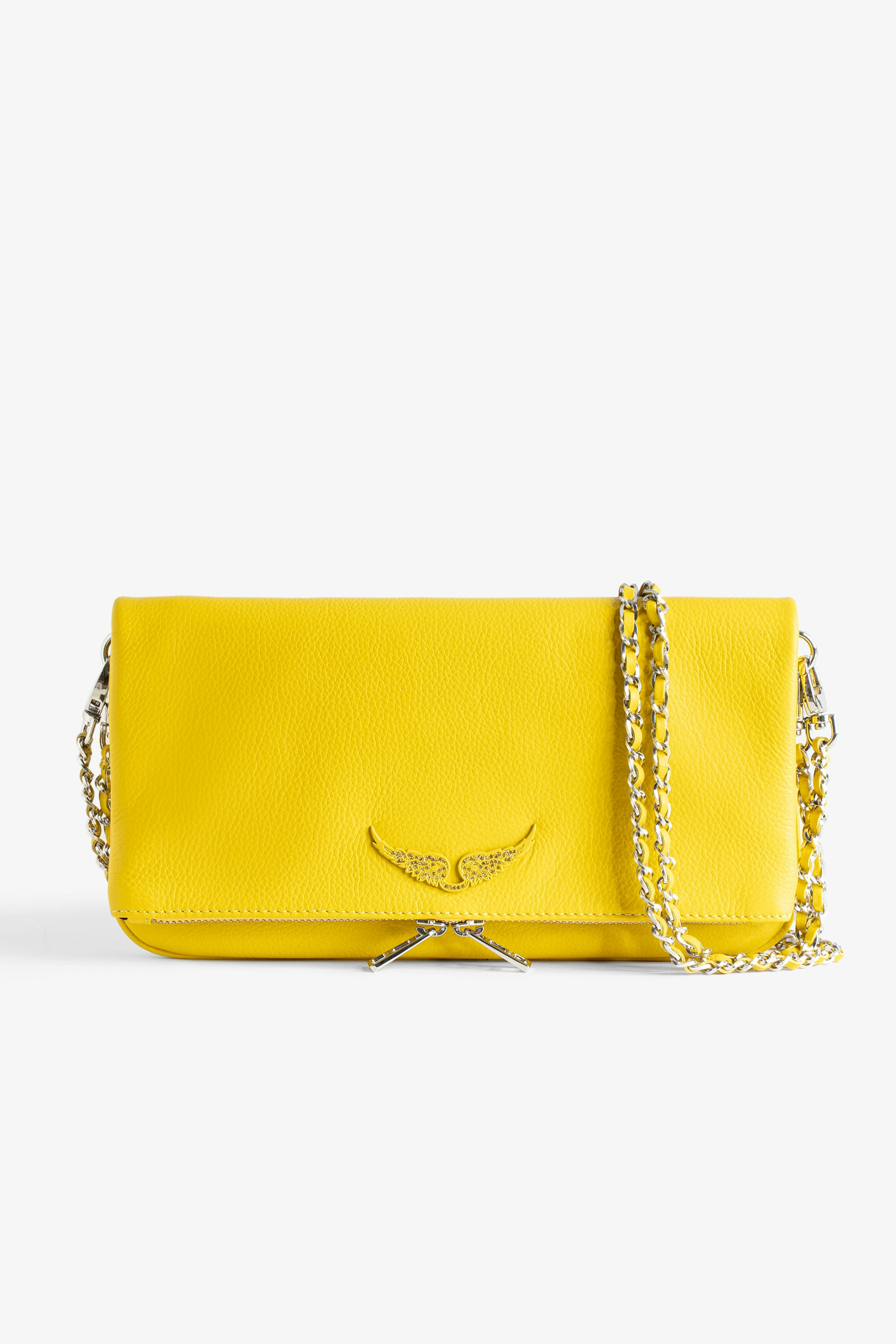 Rock Clutch Women’s yellow grained leather clutch with double leather and metal chain strap.