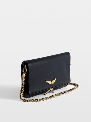 Rock Clutch - Grained leather clutch with double leather and metal chains and rhinestone-adorned wings.