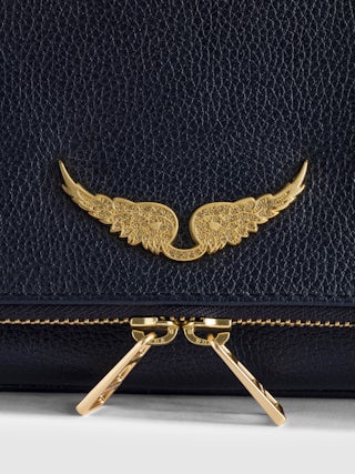 Rock Clutch - Grained leather clutch with double leather and metal chains and rhinestone-adorned wings.