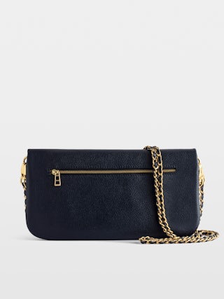 Rock Clutch - Grained leather clutch with double leather and metal chains and rhinestone-adorned wings.