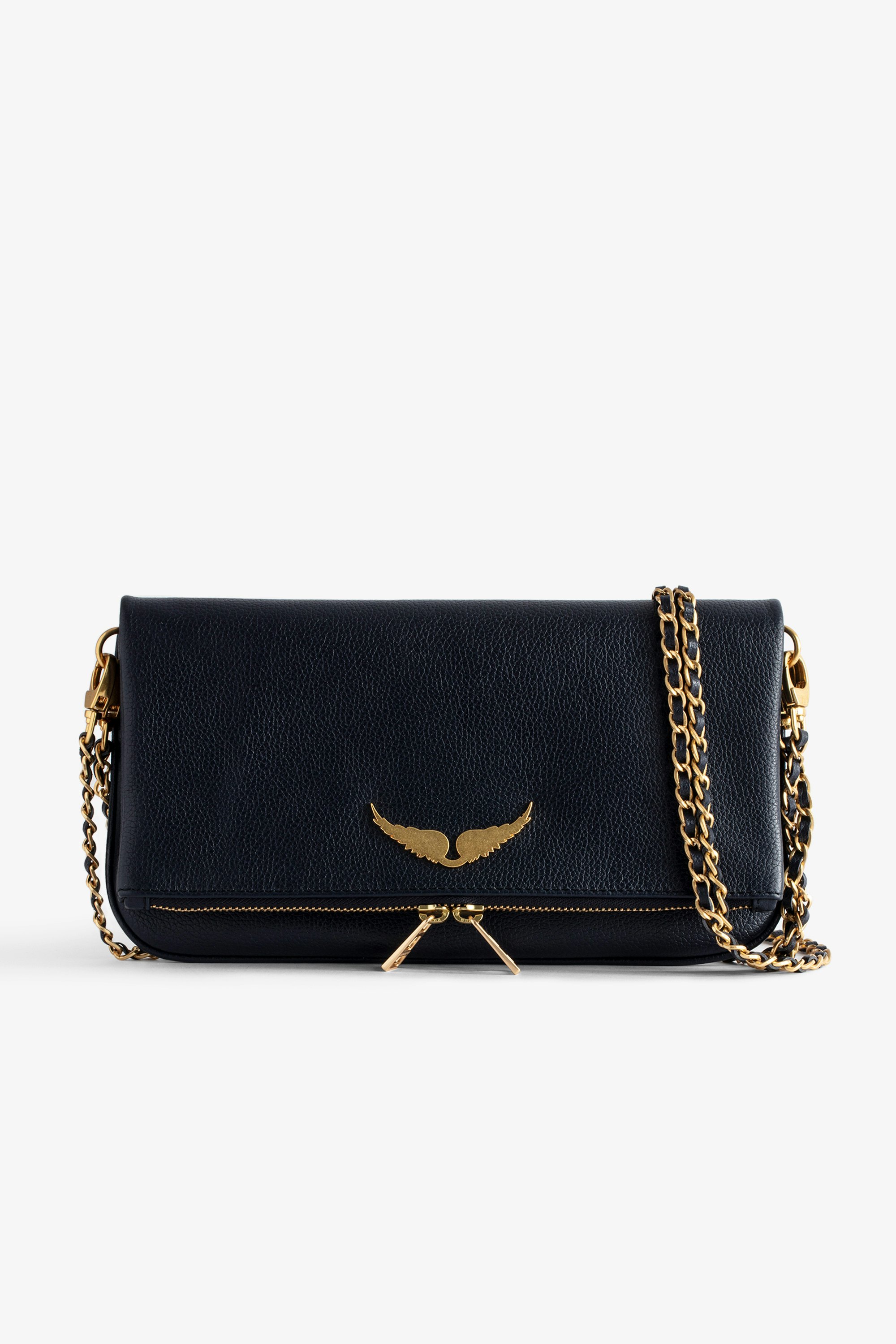 Pochette Rock - Women’s navy blue grained leather clutch with double leather and metal chain strap.