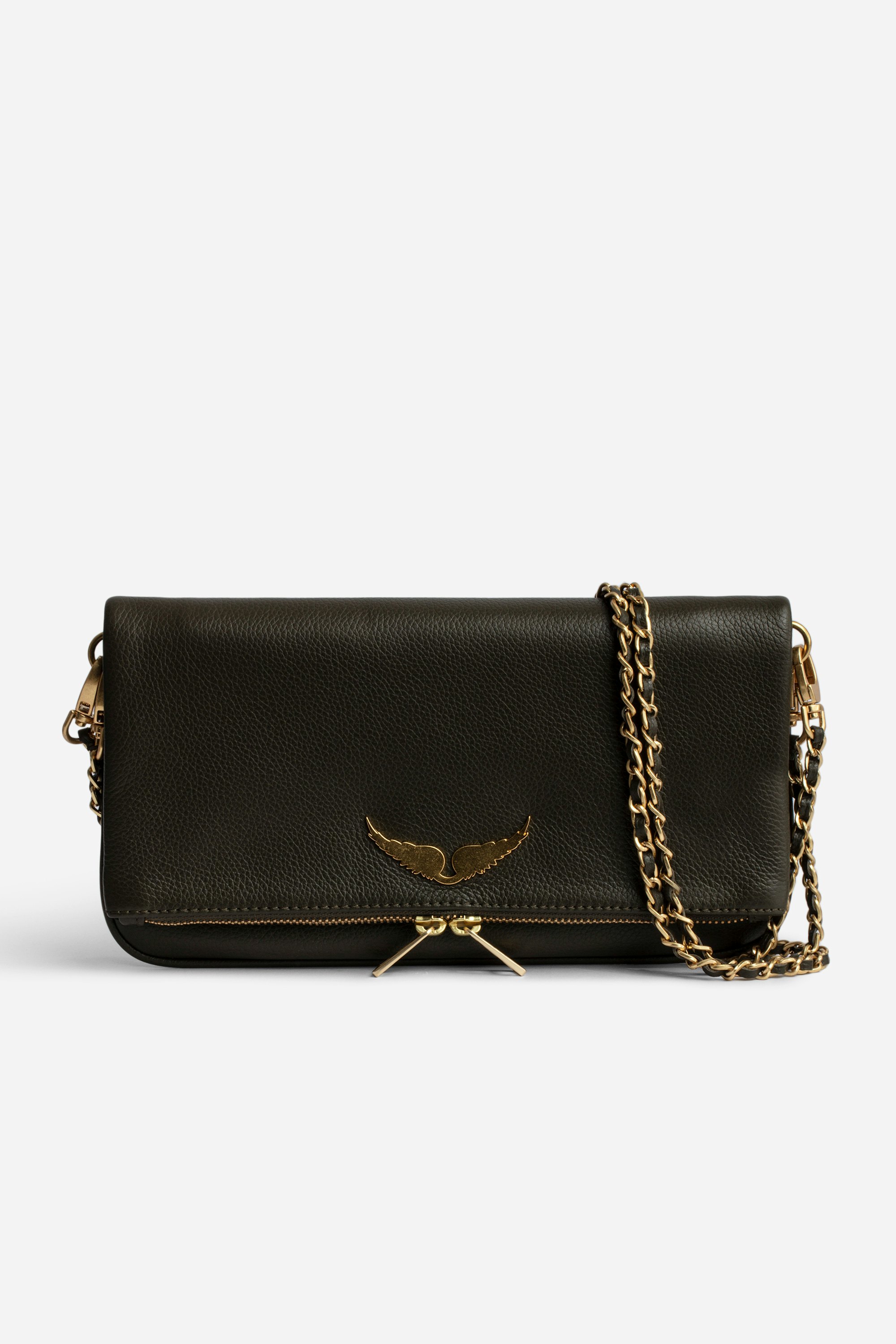 Rock Clutch Women’s khaki grained leather clutch bag with double leather and gold-tone metal chain strap.