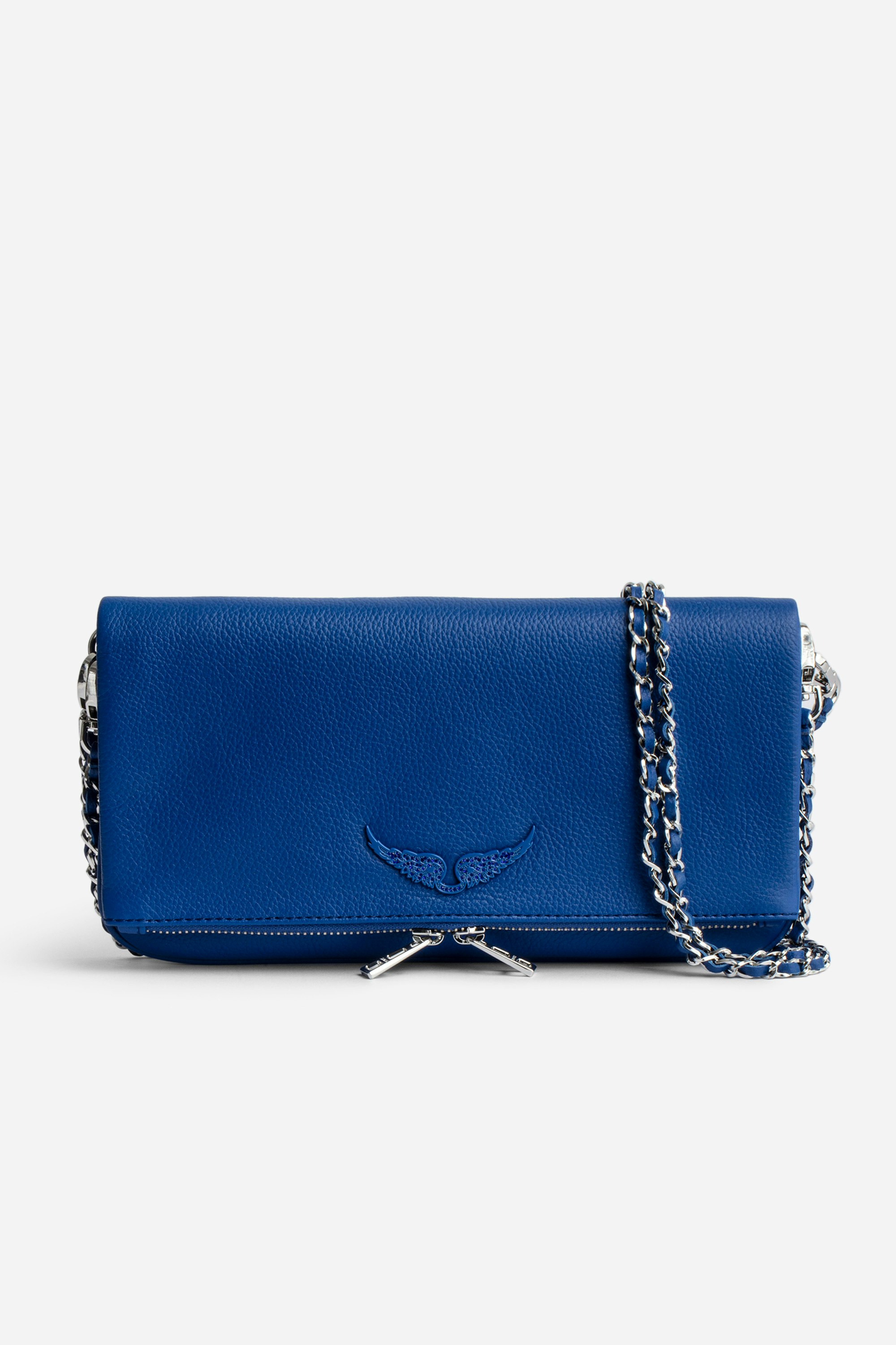 Rock Clutch Women’s blue grained leather clutch bag with double leather and metal chain strap.