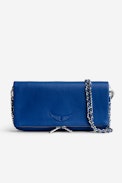 Rock Clutch - Women’s blue grained leather clutch bag with double leather and metal chain strap.