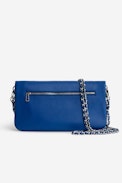 Rock Clutch - Women’s blue grained leather clutch bag with double leather and metal chain strap.