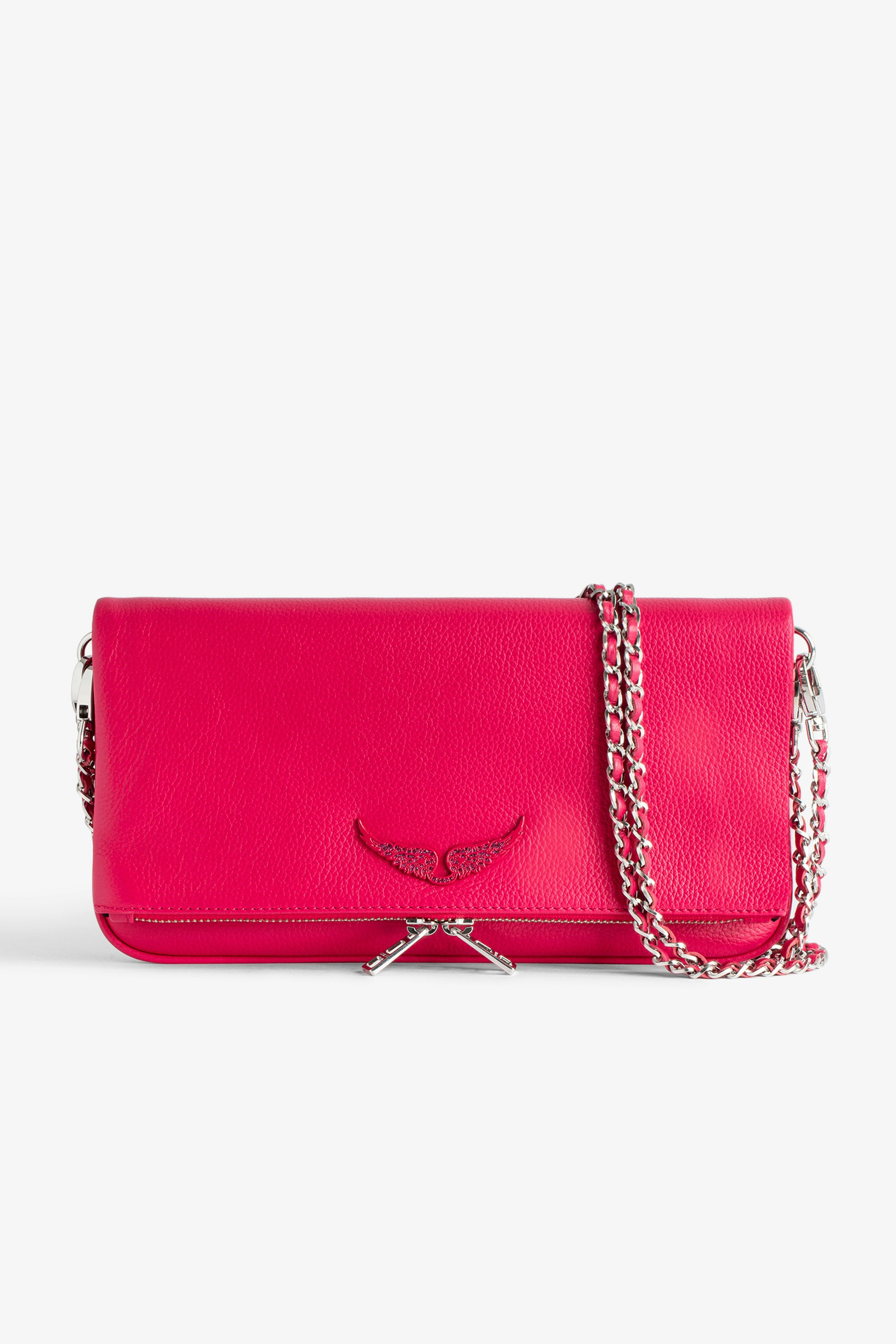 Rock Clutch Women’s pink grained leather clutch bag with double leather and metal chain strap.
