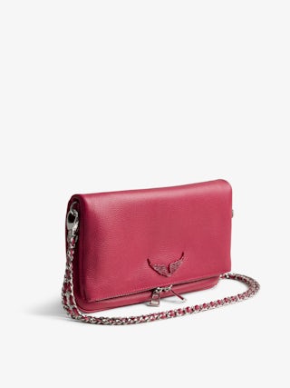 Pochette Rock - Pochette in pelle granata con doppie catene in pelle e metallo e ali ornate di strass.