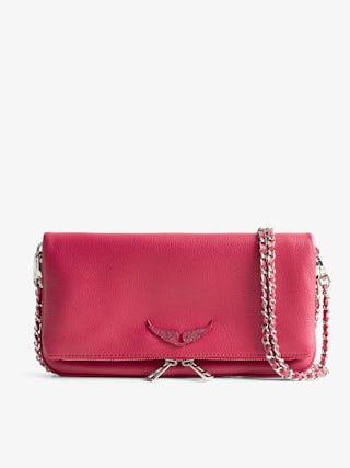 Rock Clutch - Grained leather clutch with double leather and metal chains and rhinestone-adorned wings.