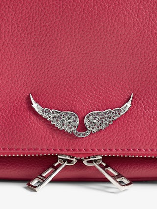 Rock Clutch - clutch in grained leather with double leather and metal chains and rhinestone-adorned wings.
