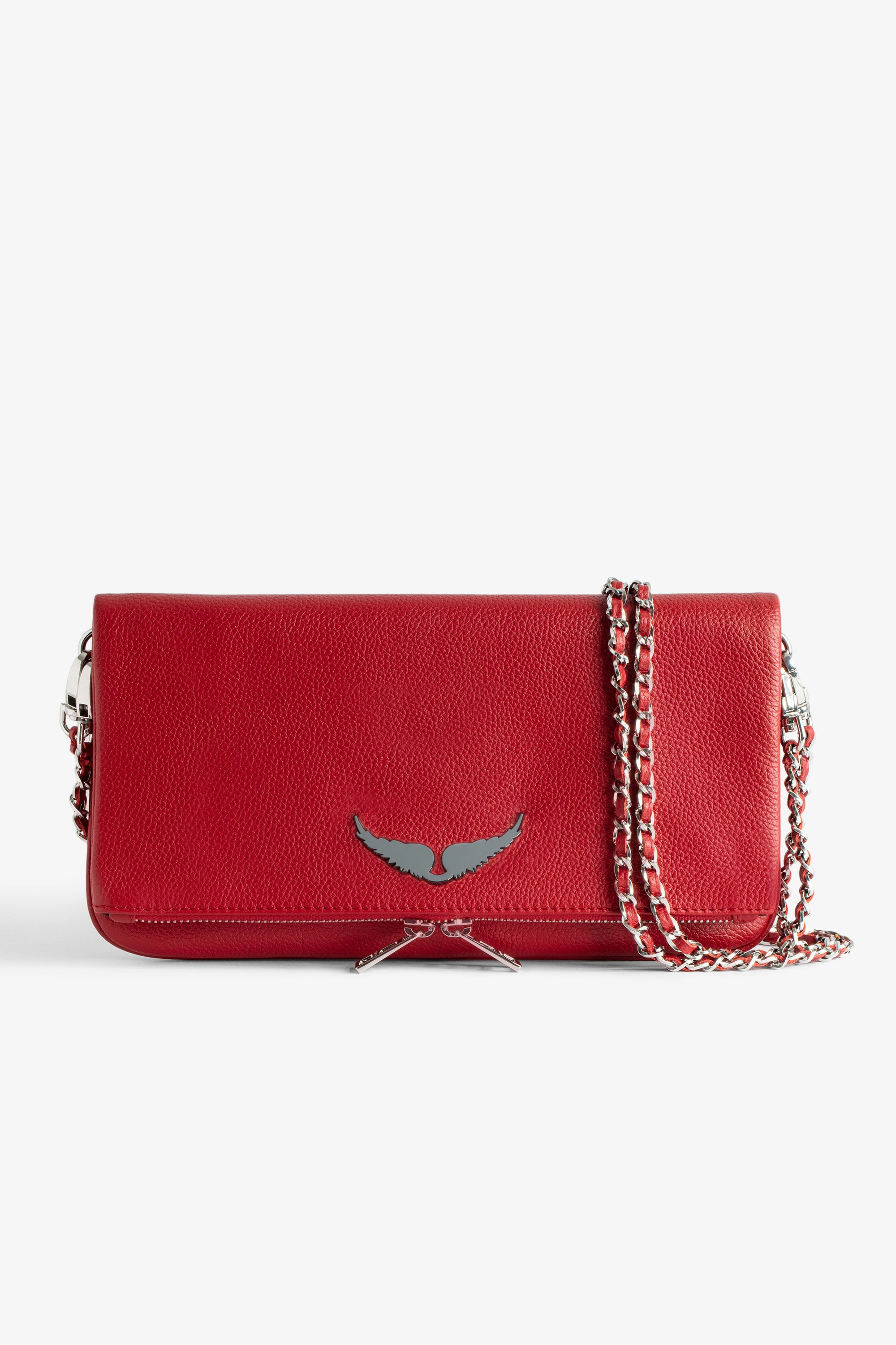 Rock Clutch Women’s red grained leather clutch bag with double leather and metal chain strap.