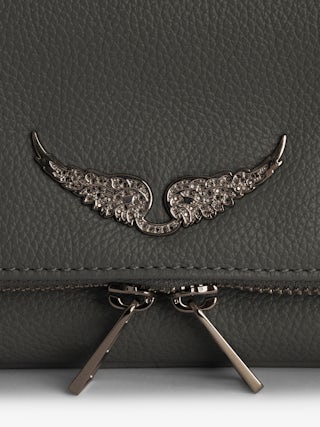 Rock Clutch - Grained leather clutch with double leather and metal chains and wings adorned with rhinestones.
