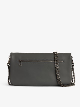Rock Clutch - Grained leather clutch with double leather and metal chains and wings adorned with rhinestones.