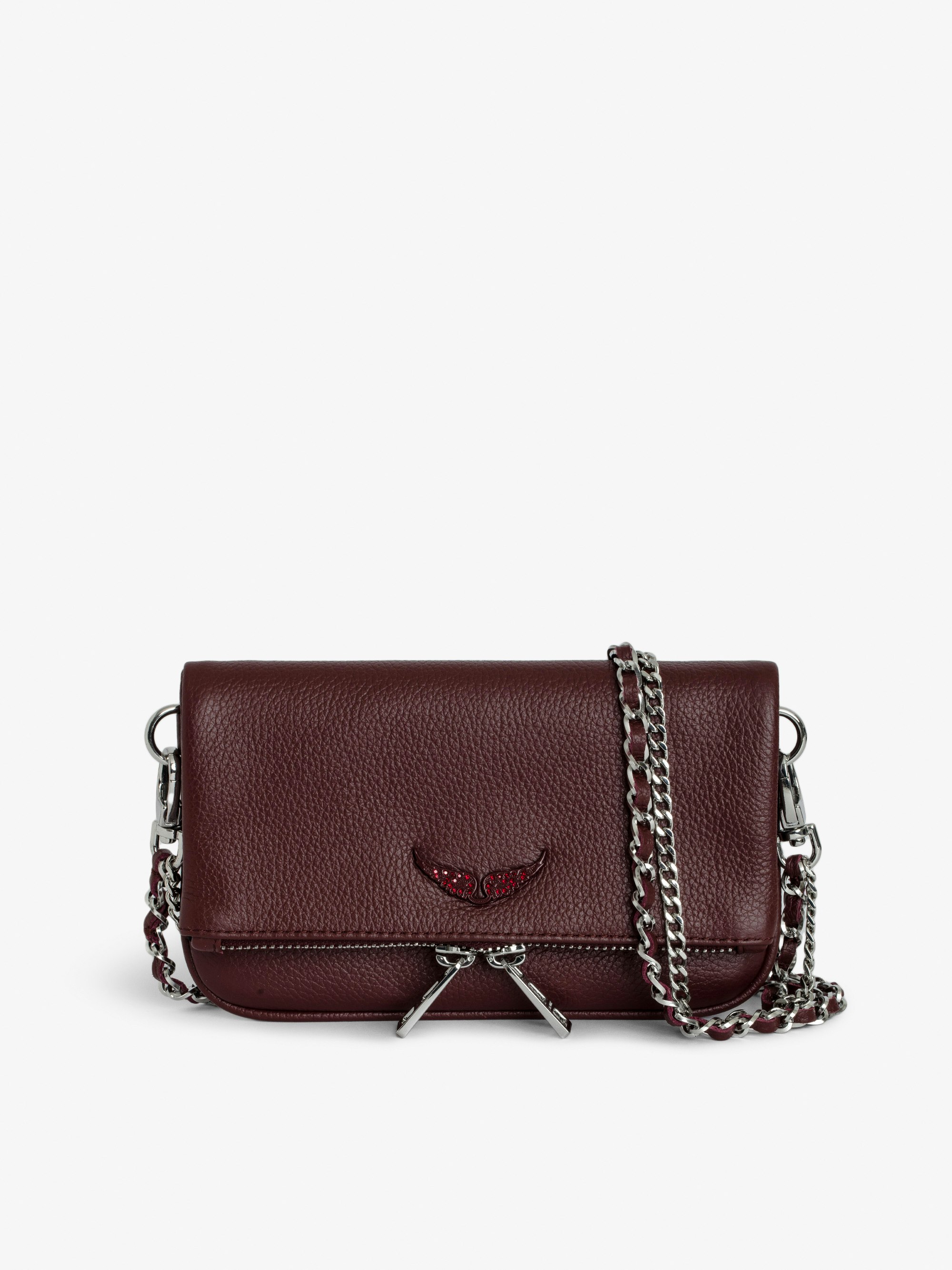 Rock Nano Clutch - Dark red small grained leather clutch with double leather and metal strap.