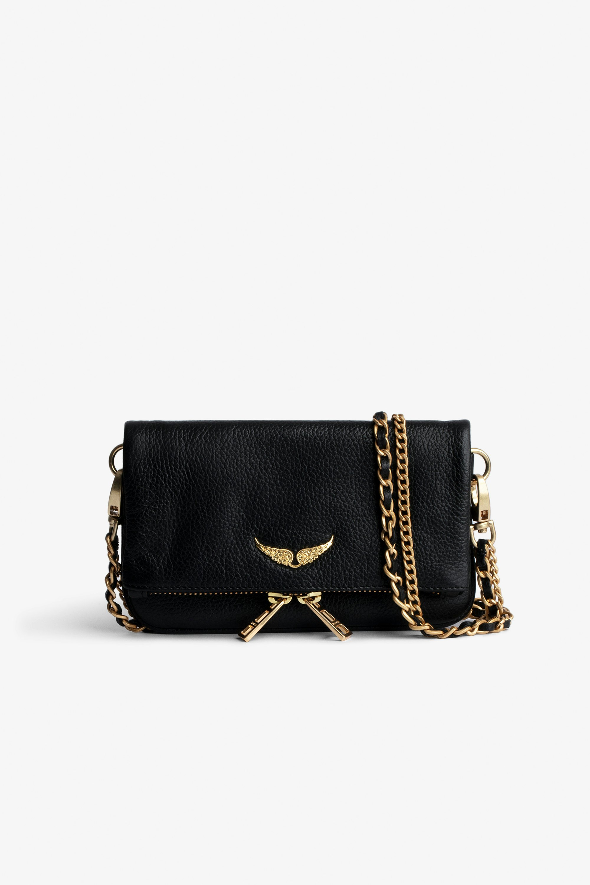Rock Clutch Women’s black grained leather Rock Nano clutch with leather shoulder strap and gold-toned chain