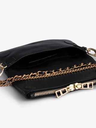 Rock Nano Clutch - Grained leather clutch with double leather and metal chains and rhinestone-adorned wings.