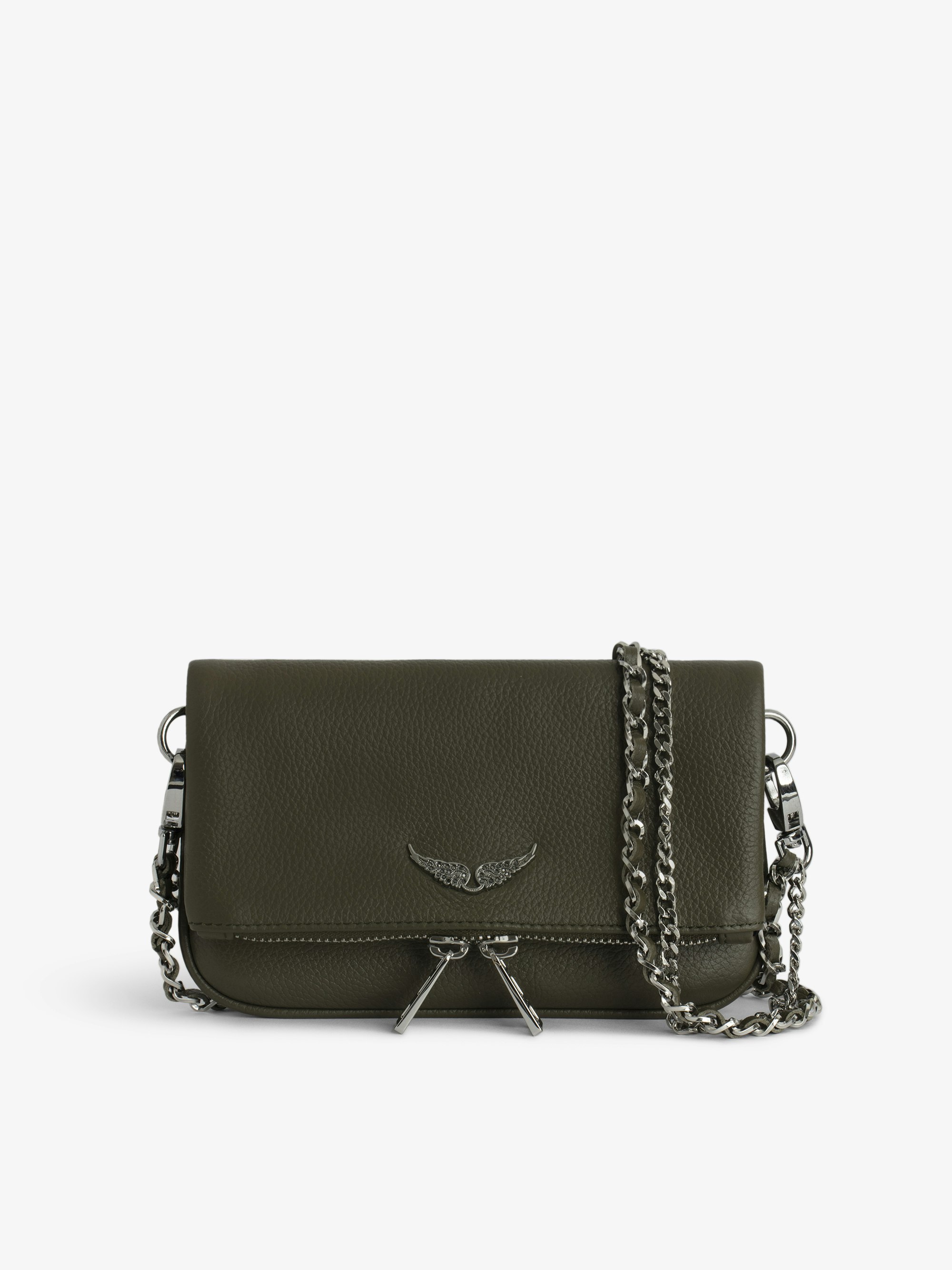 Rock Nano Clutch - Small khaki grain leather clutch with double chain and rhinestone wings.