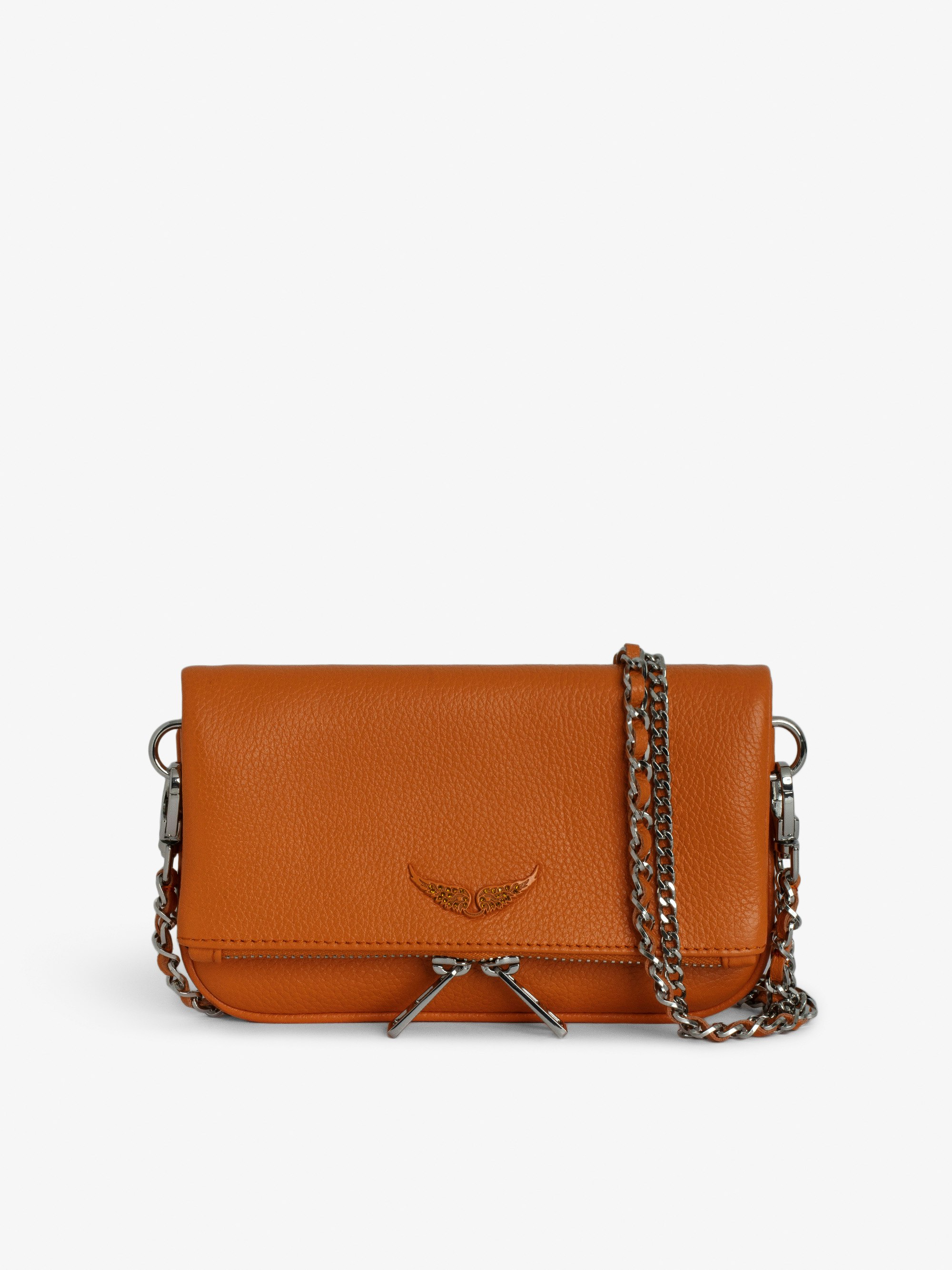 Rock Nano Clutch - Orange small grained leather clutch with double leather and metal strap.