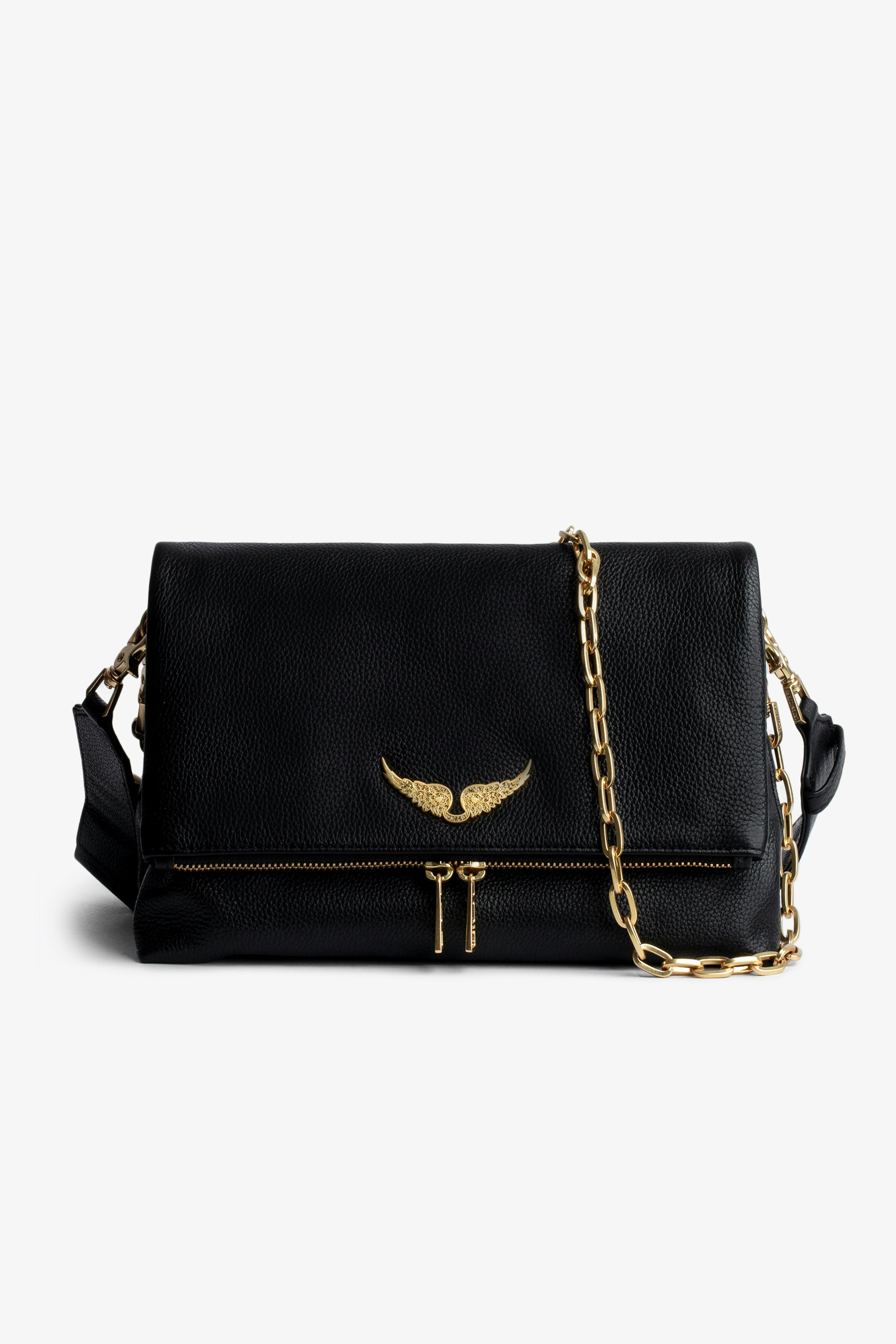 Tasche Rocky Damentasche aus schwarzem genarbtem Leder und goldfarbenen Ketten mit Schulterriemen