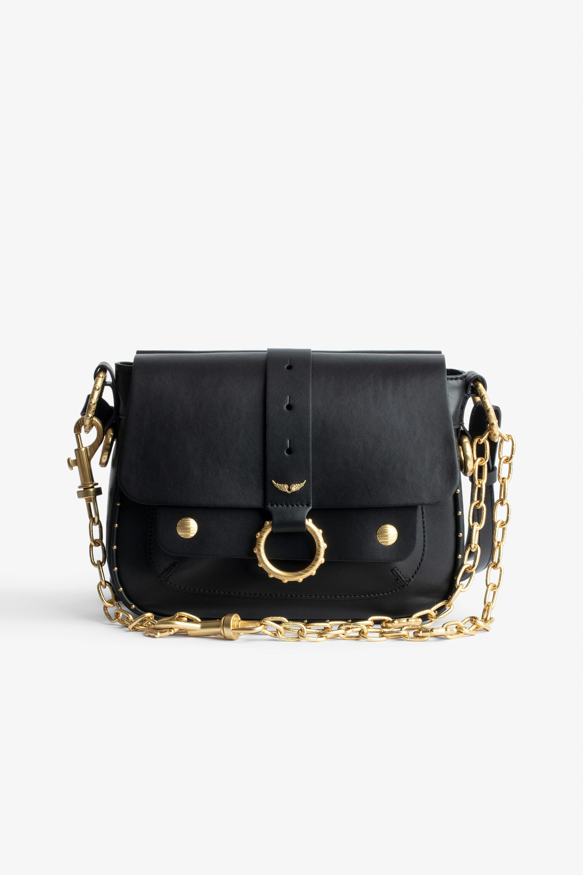 Kate Bag - Women’s black grained leather bag with gold-toned chains.