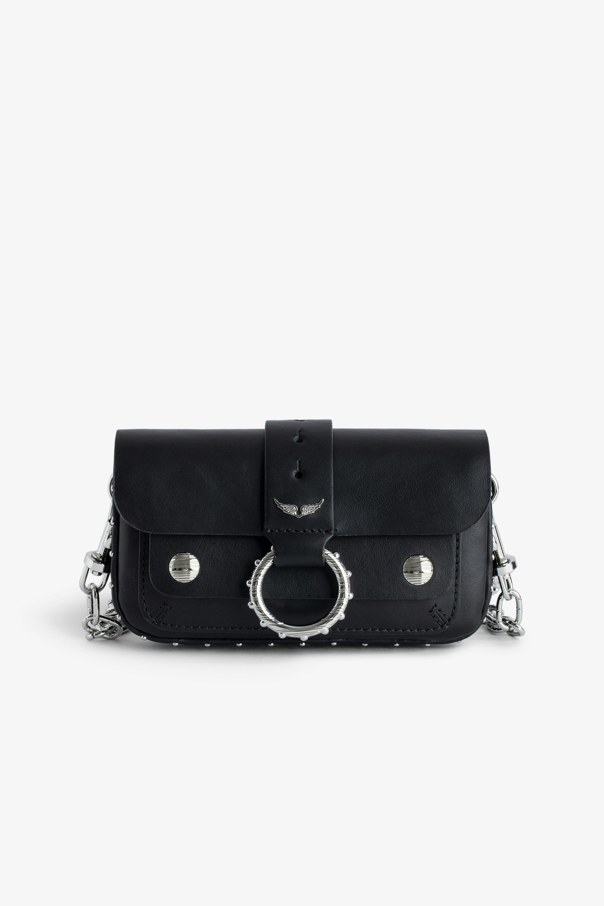 Tasche Kate Wallet - Mini-Handtasche aus schwarzem Glattleder mit Ring und Metallkette.