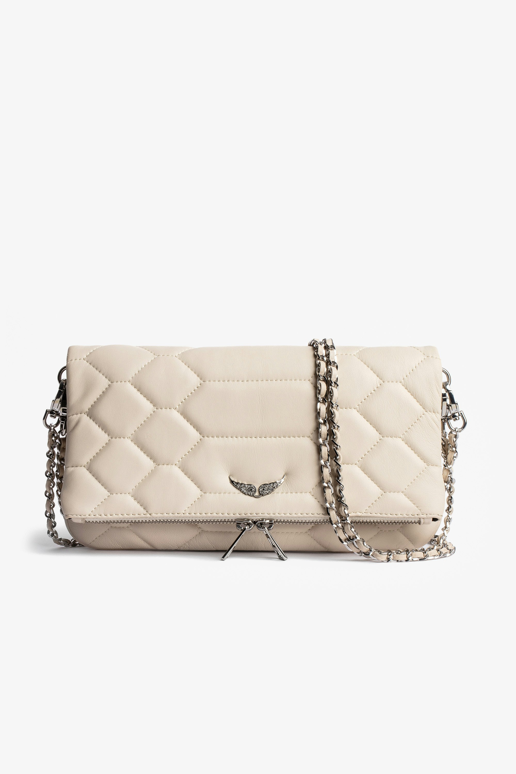 Rock Quilted Clutch Women’s smooth quilted leather clutch bag with snake scale look in ecru