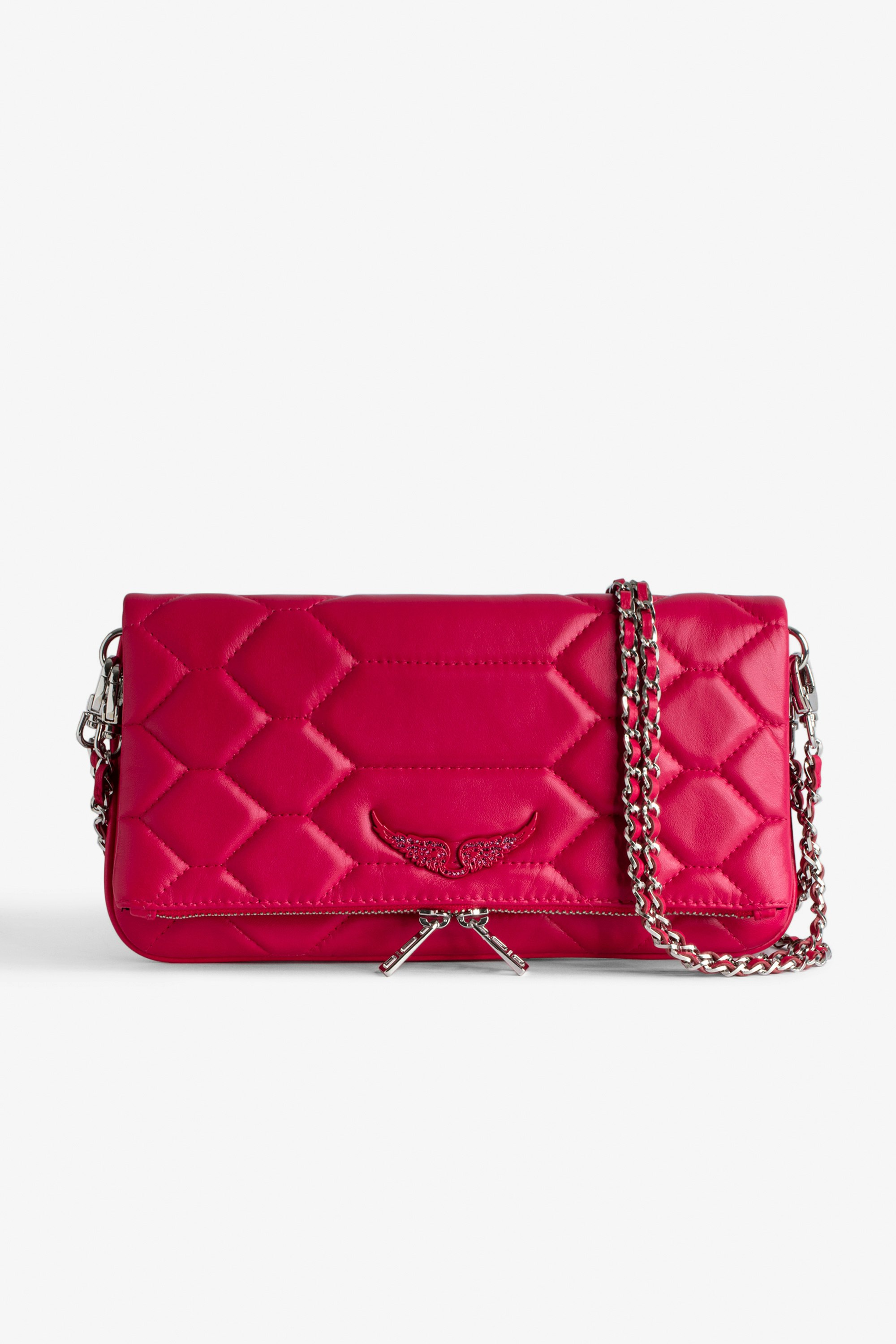 Rock Quilted Clutch - Women’s pink python-effect quilted leather clutch with wings charm