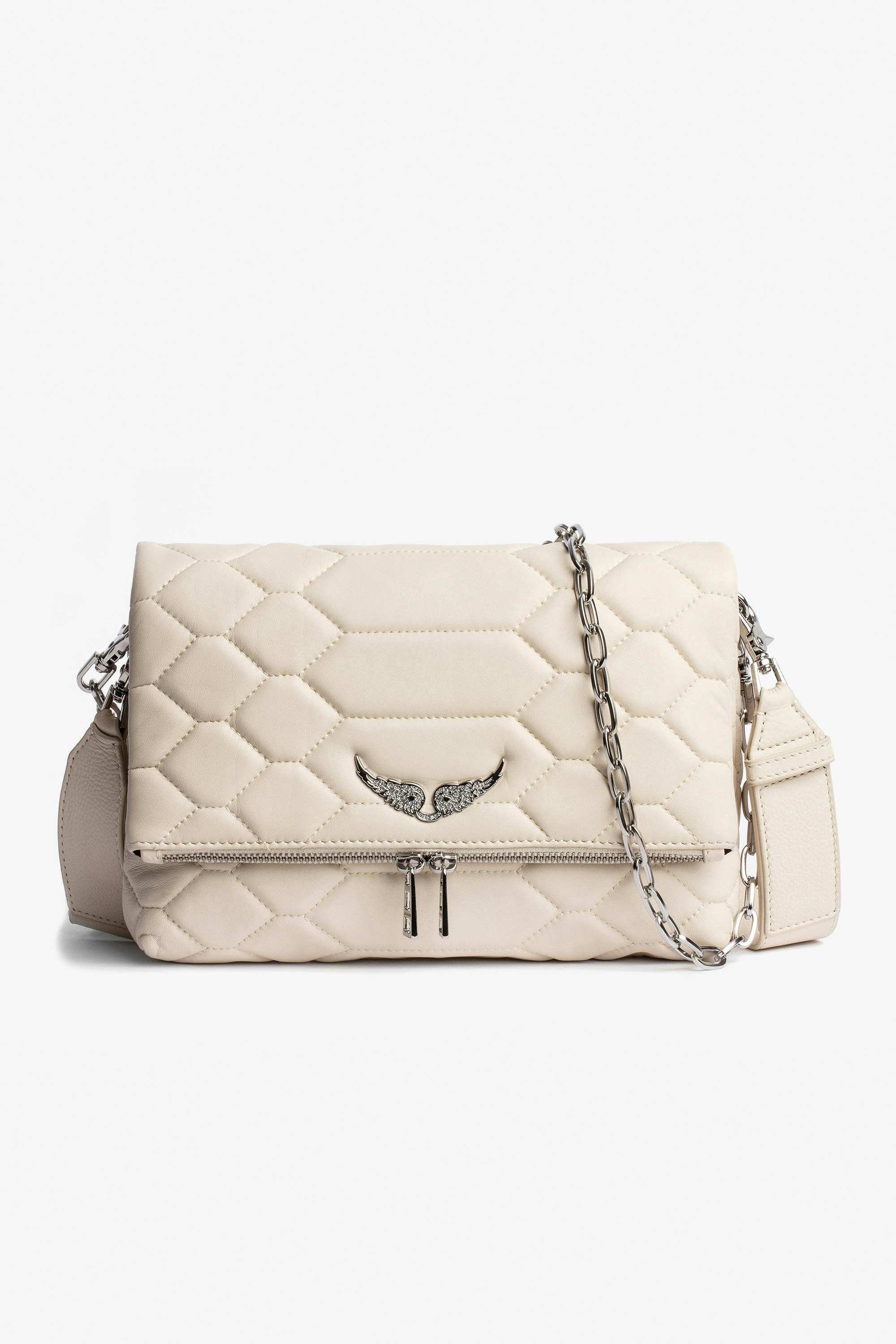Rocky Quilted Bag Women’s smooth quilted leather bag in ecru with snake scale look and shoulder strap