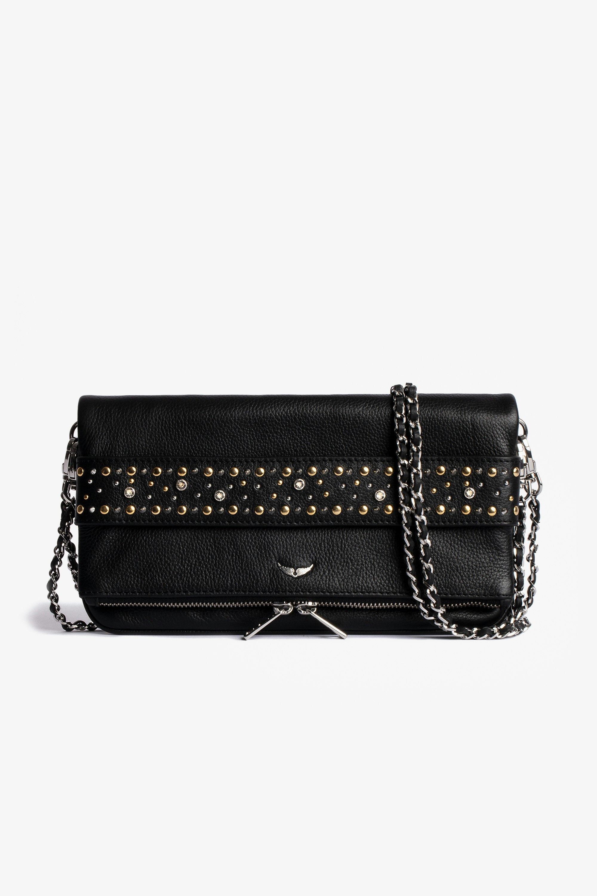 Rock Strap Jewelled Clutch Women's leather clutch in black with studded band