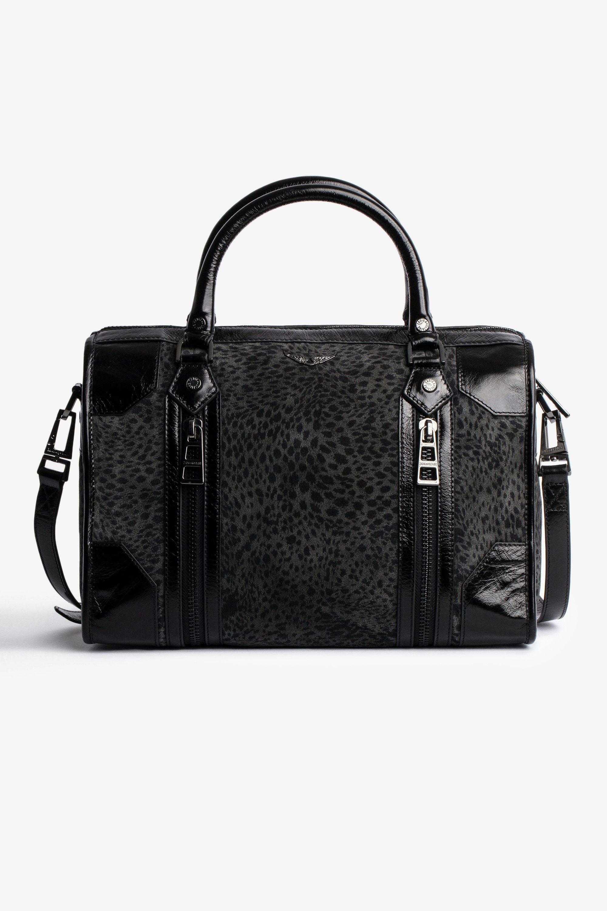 Tasche Sunny Medium #2 Damen-Umhängetasche aus schwarzem Wildleder mit Leoparden-Print