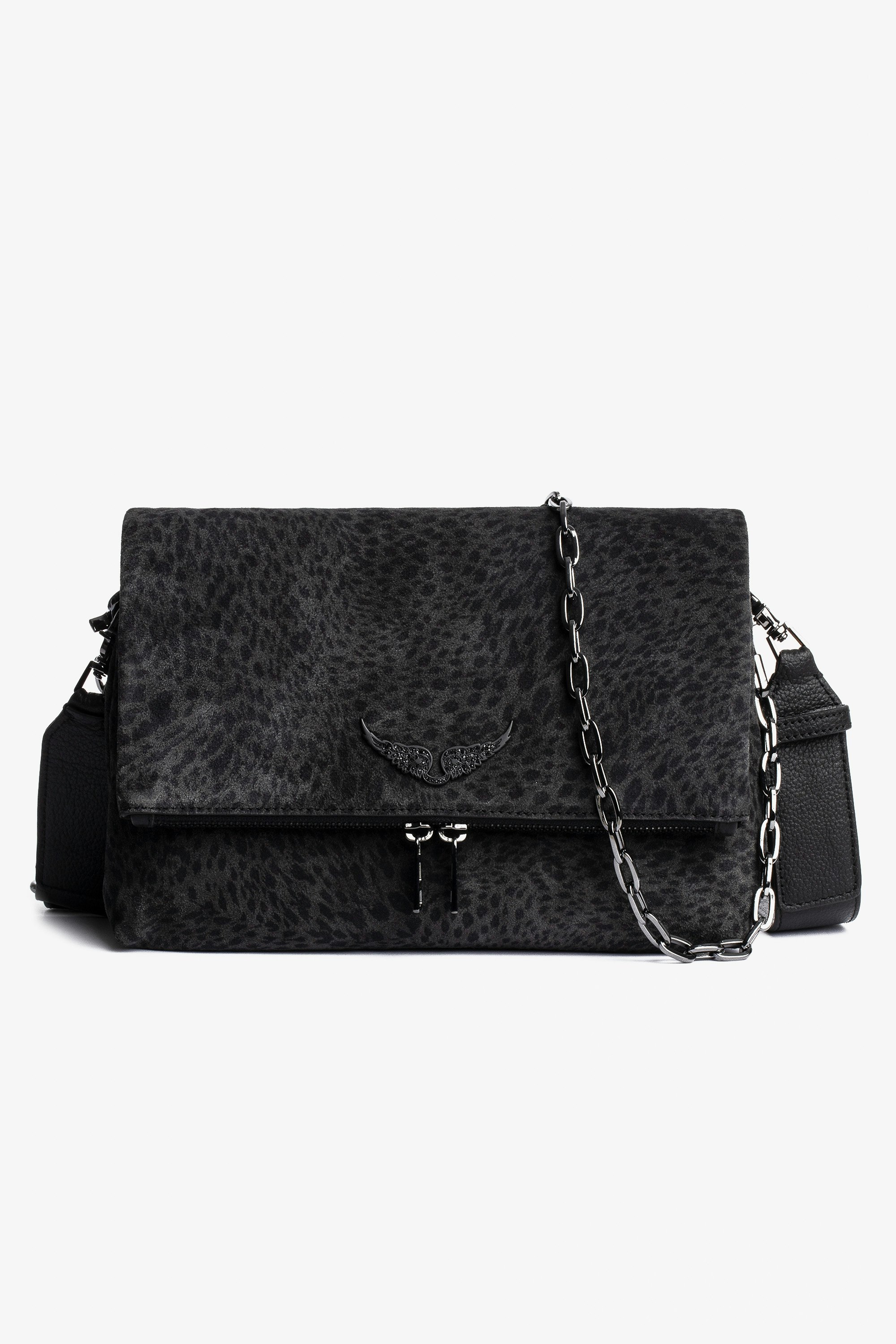 Rock Leo Suede Bag Women's black suede shoulder bag in leopard print