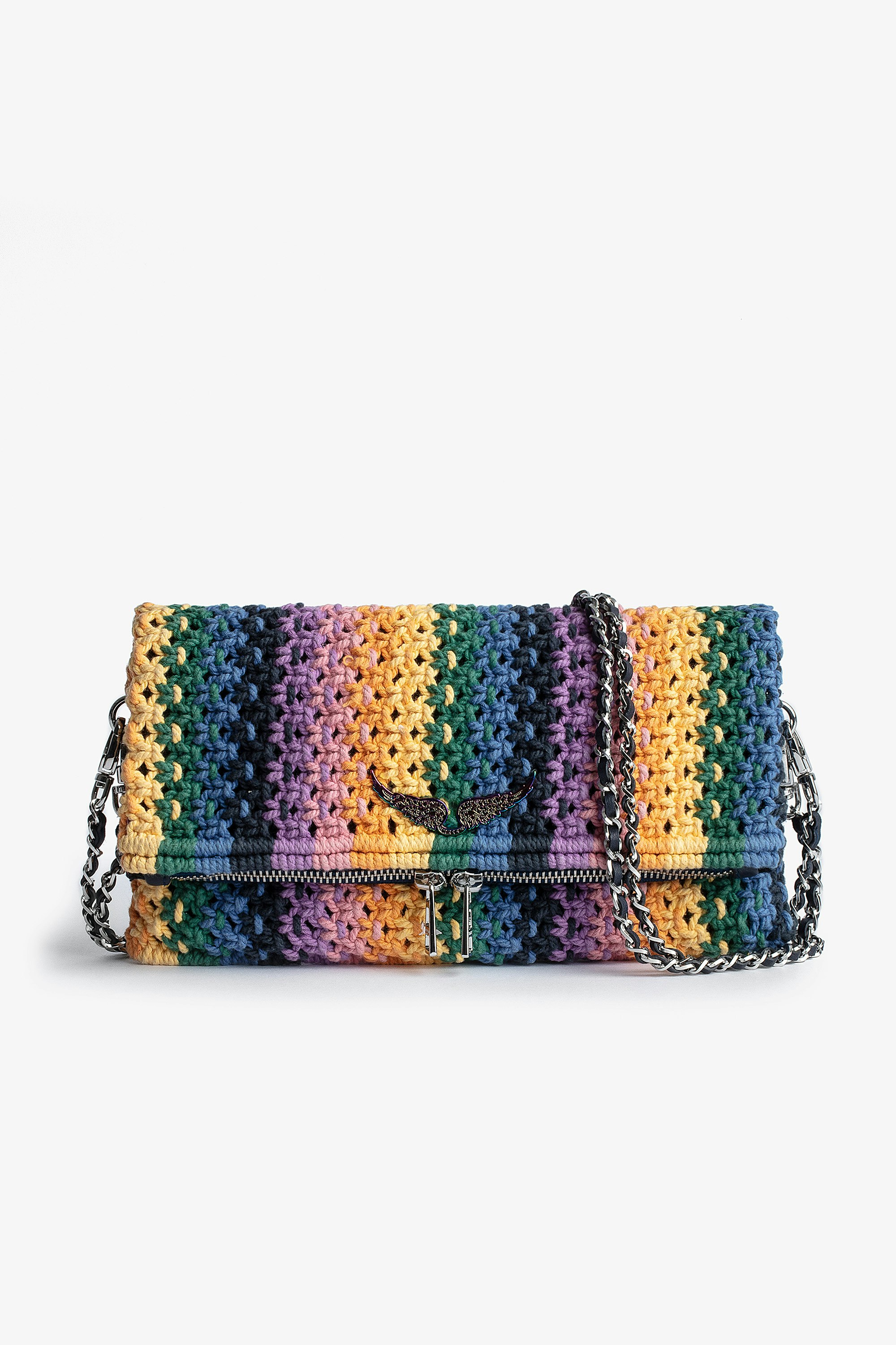 Rock Macramé Clutch Women’s multicolour cotton macramé clutch with double leather-and-metal chain featuring crystal-studded wings