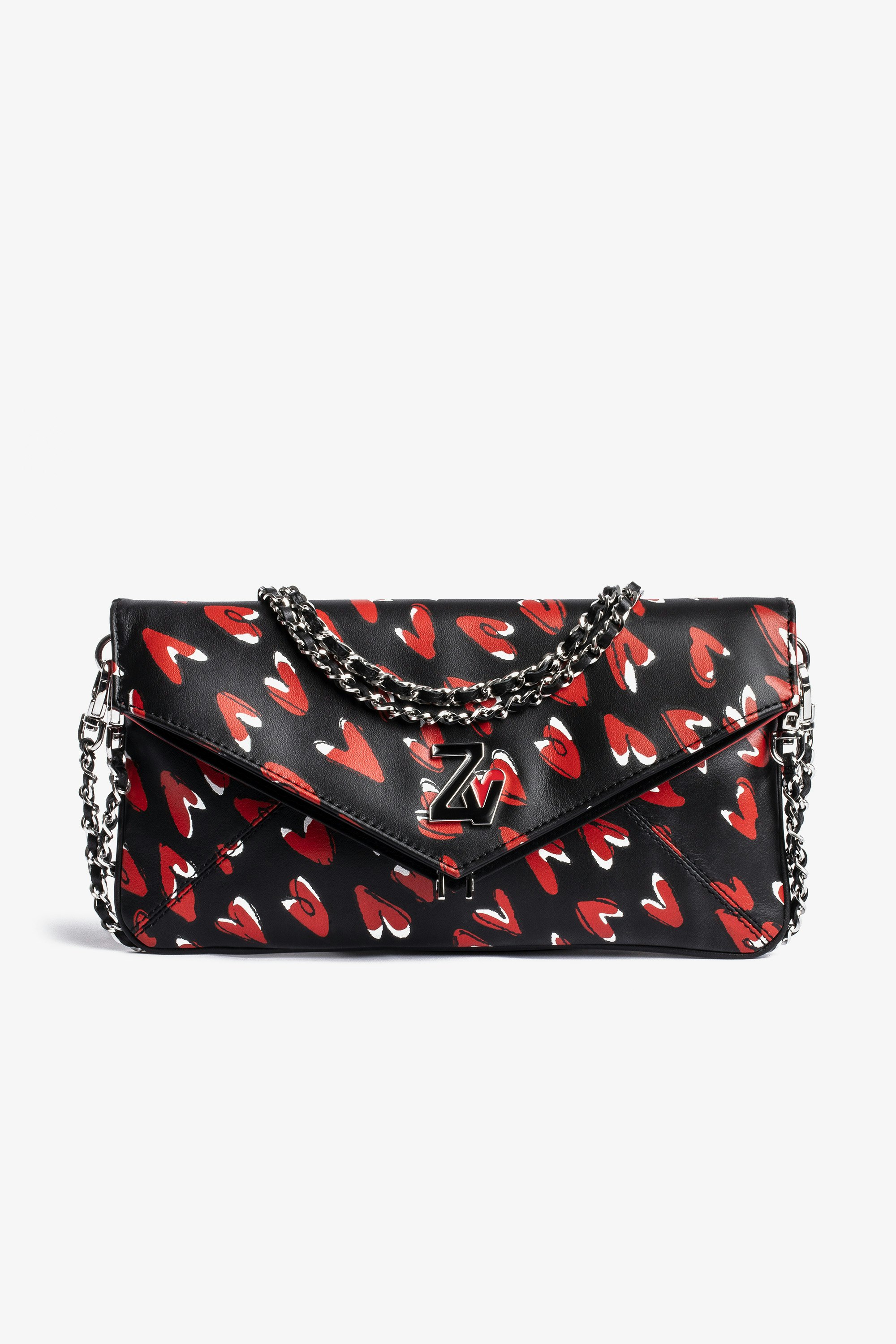 Rockeur Clutch Women’s clutch bag in black grained leather with heart pattern