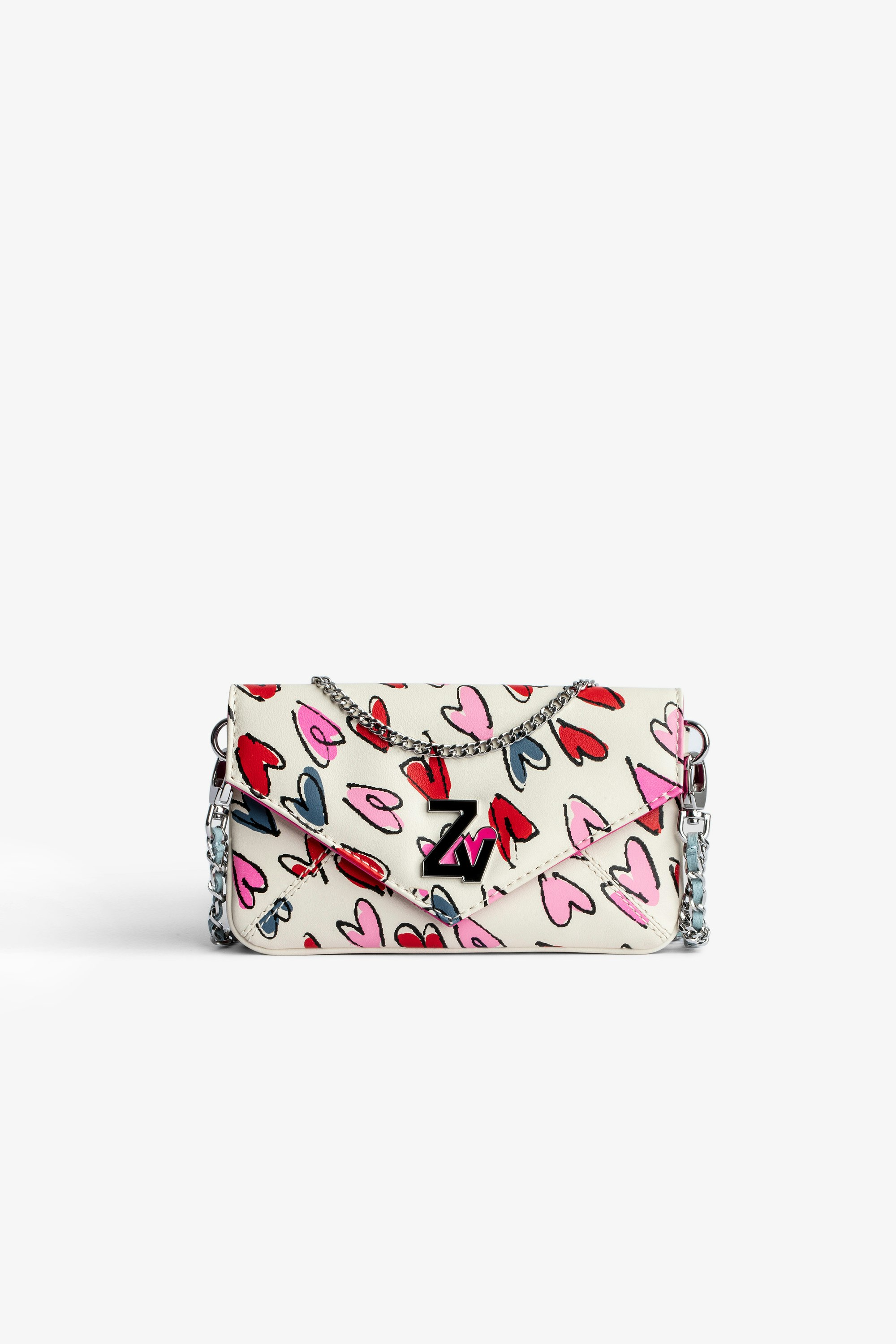 Rockeur ミニクラッチバッグ Women’s clutch in white leather featuring red and pink hearts