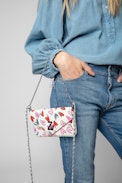 Rockeur Nano Clutch - Women’s clutch in white leather featuring red and pink hearts