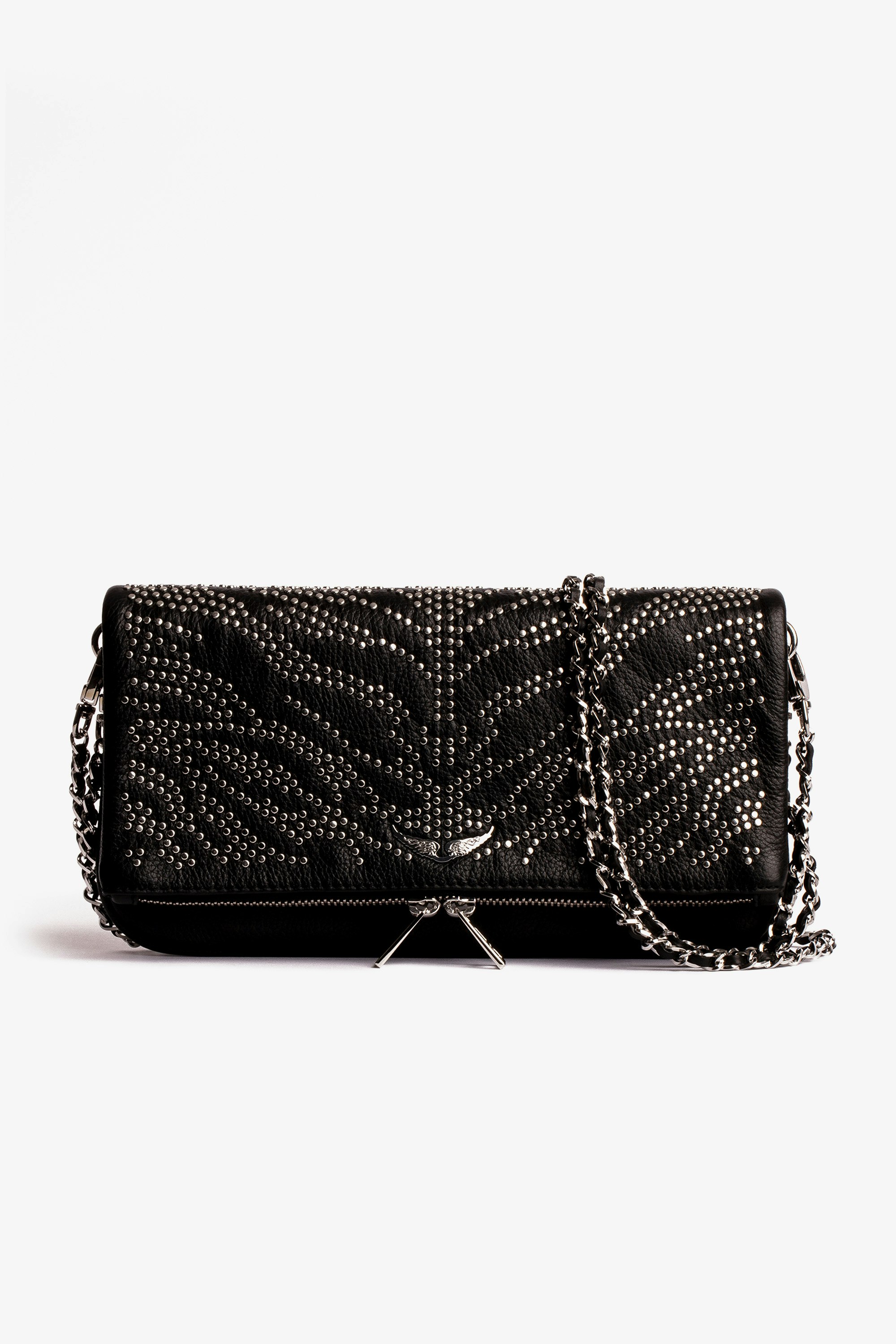 Rock Clutch Women's black grained leather clutch bag with studs