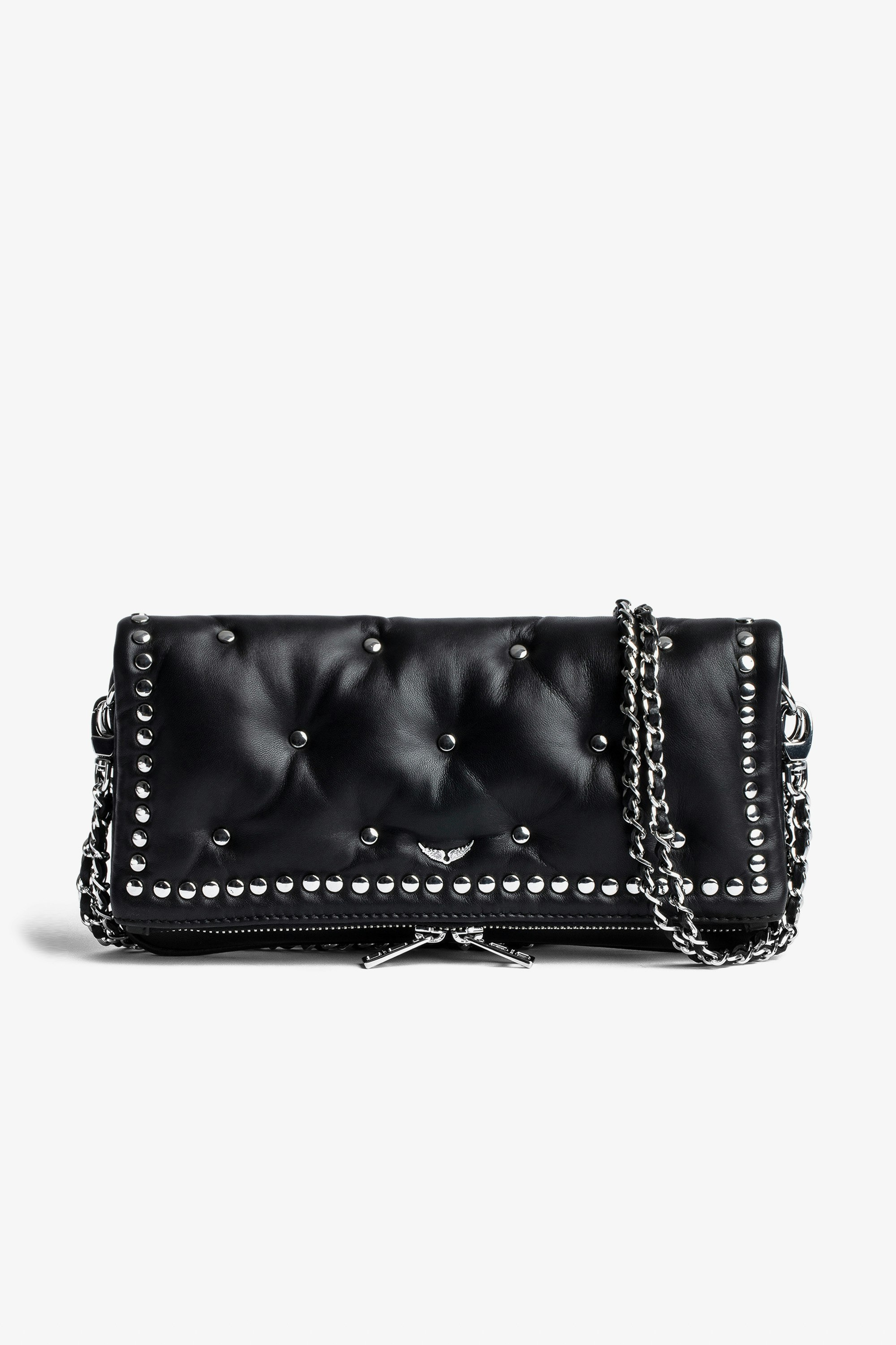 Rock Rider Clutch Women’s black leather clutch with studs, a leather shoulder strap and chain