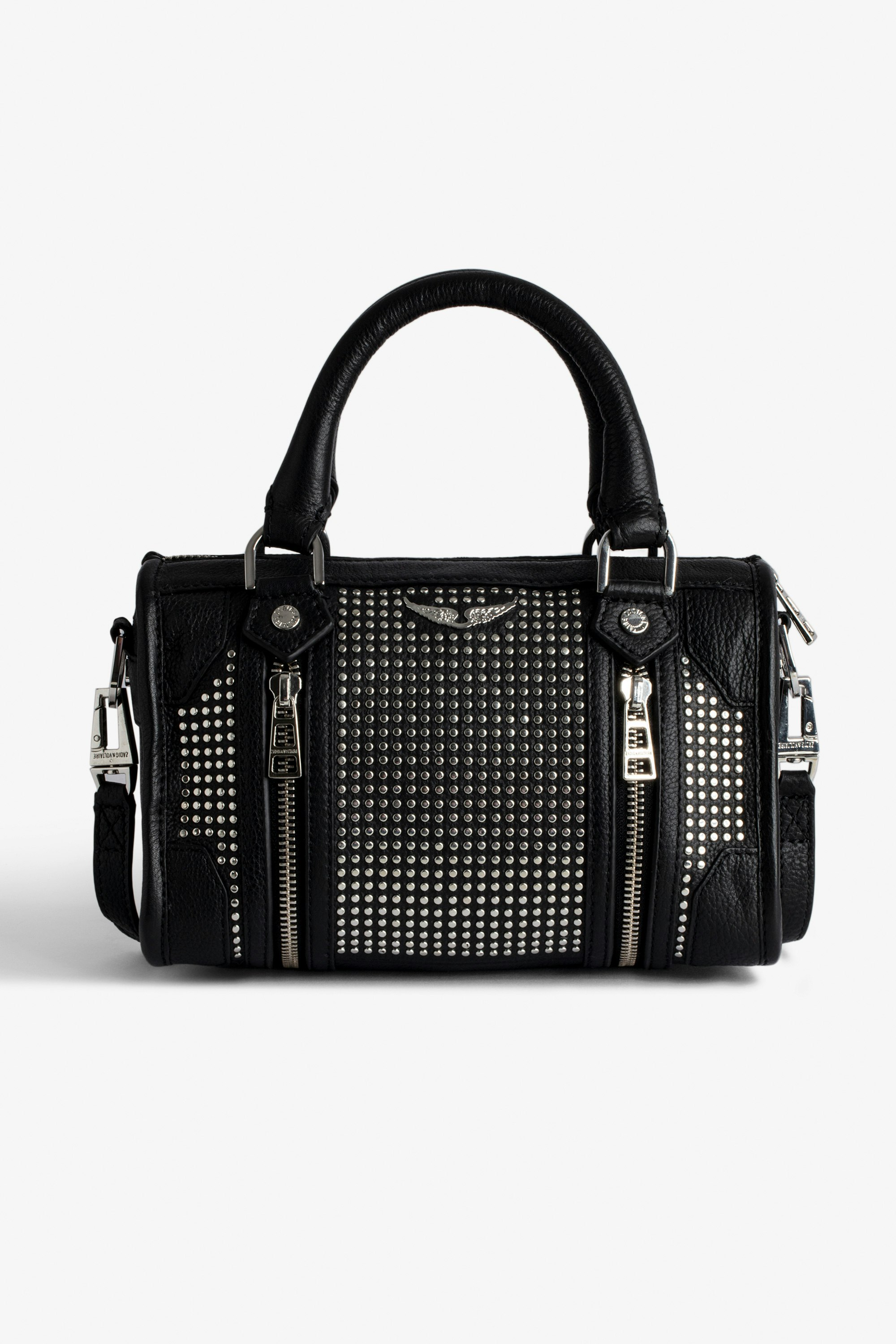 Tasche XS Sunny #2 - Kleine Damentasche mit Reißverschluss aus schwarzem Leder mit Nietenverzierung und Schulterriemen.