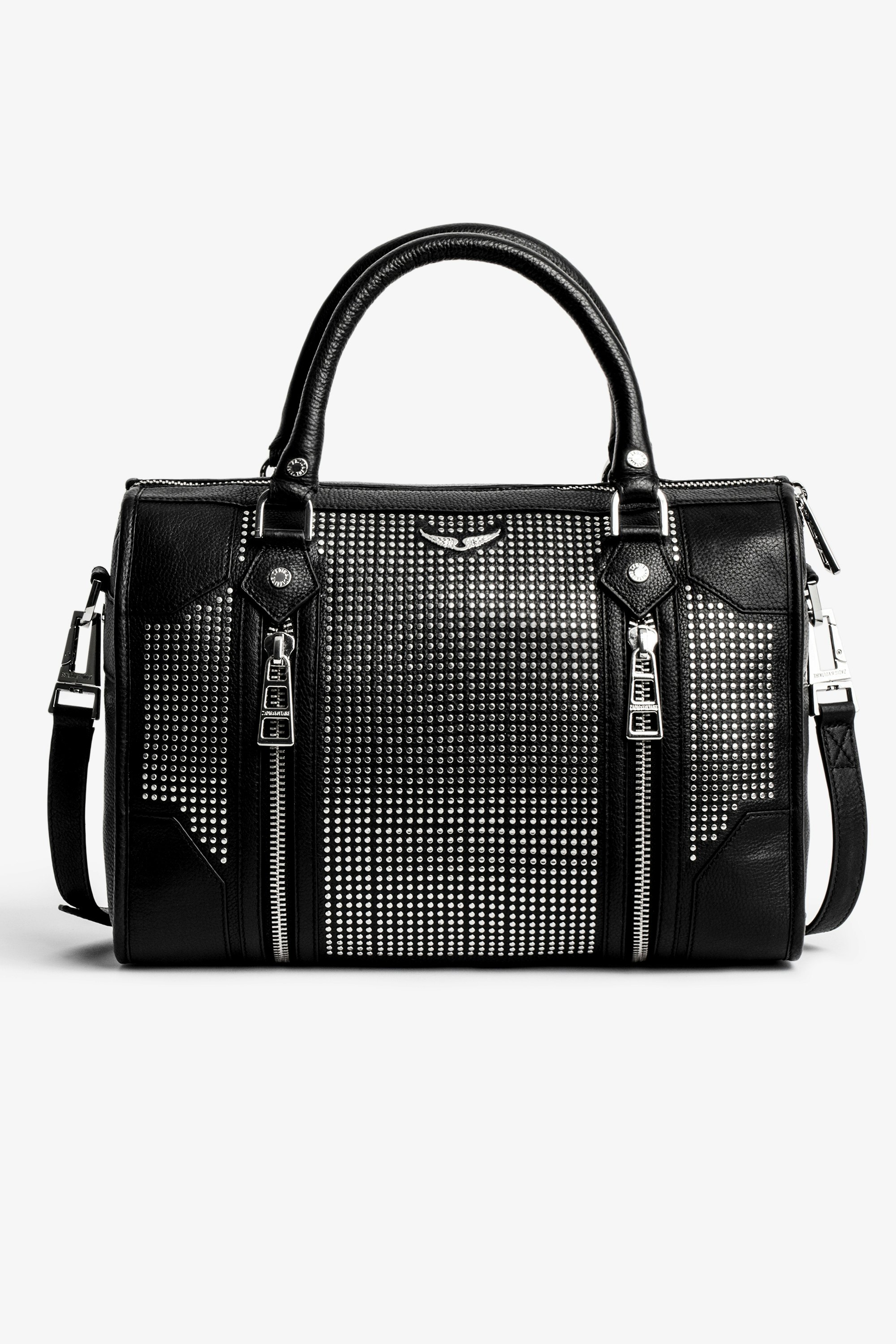 Tasche Sunny Medium #2 Mittelgroße Damentasche mit Reißverschluss aus schwarzem Leder mit Nietenverzierung und Schulterriemen