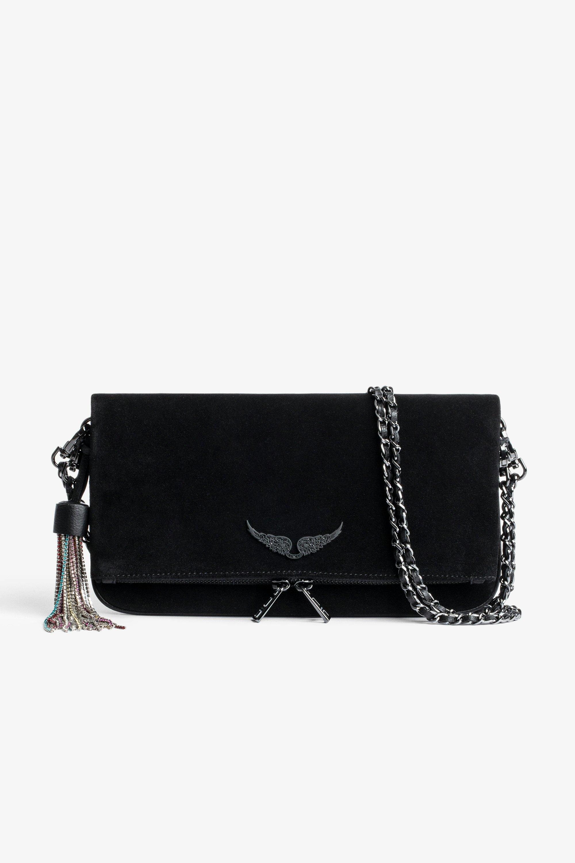 Rock Suede Clutch Women’s black suede clutch with crystal-embellished pendant