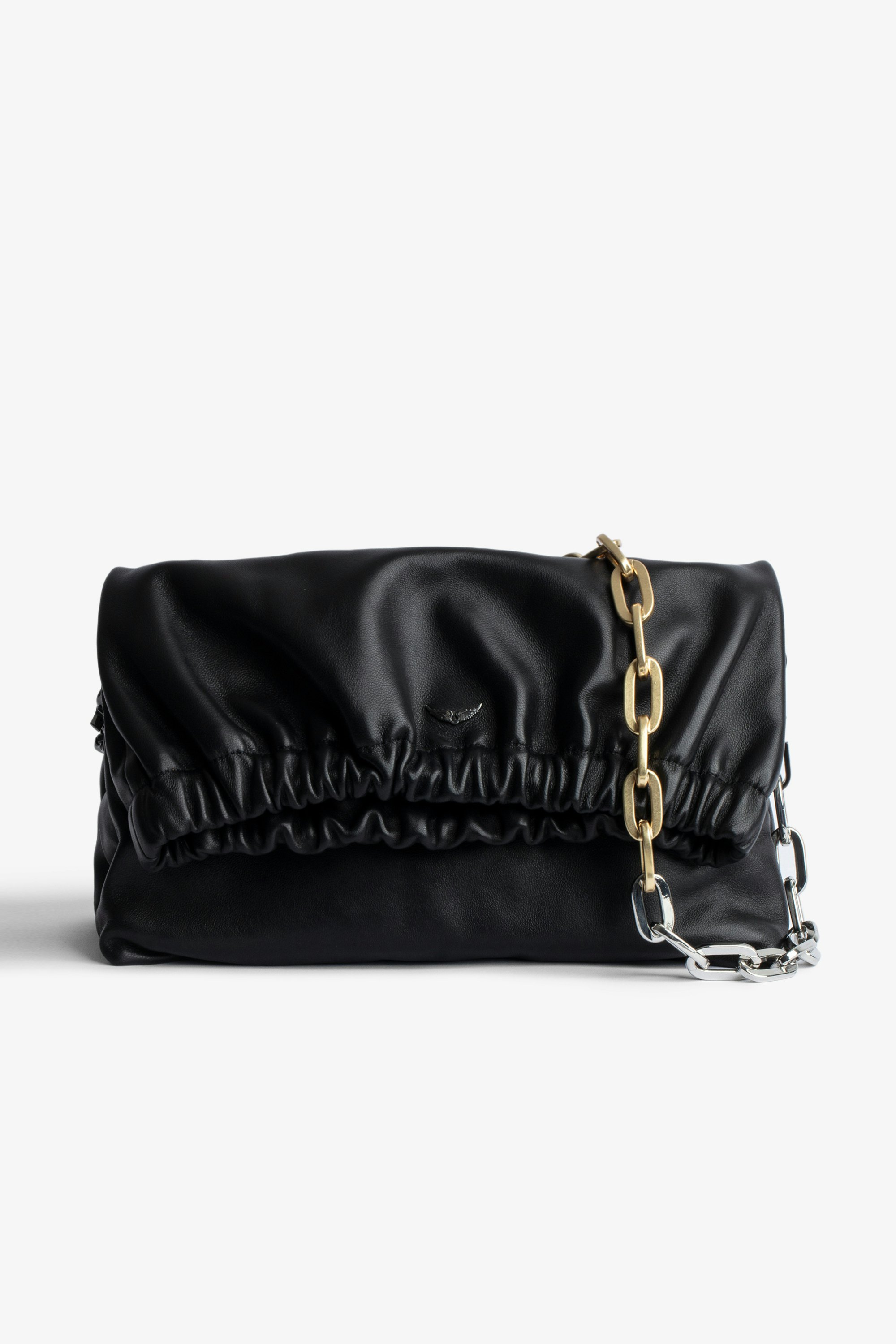 Rockyssime バッグ Women’s clutch bag in black smooth leather with two-tone metal chain