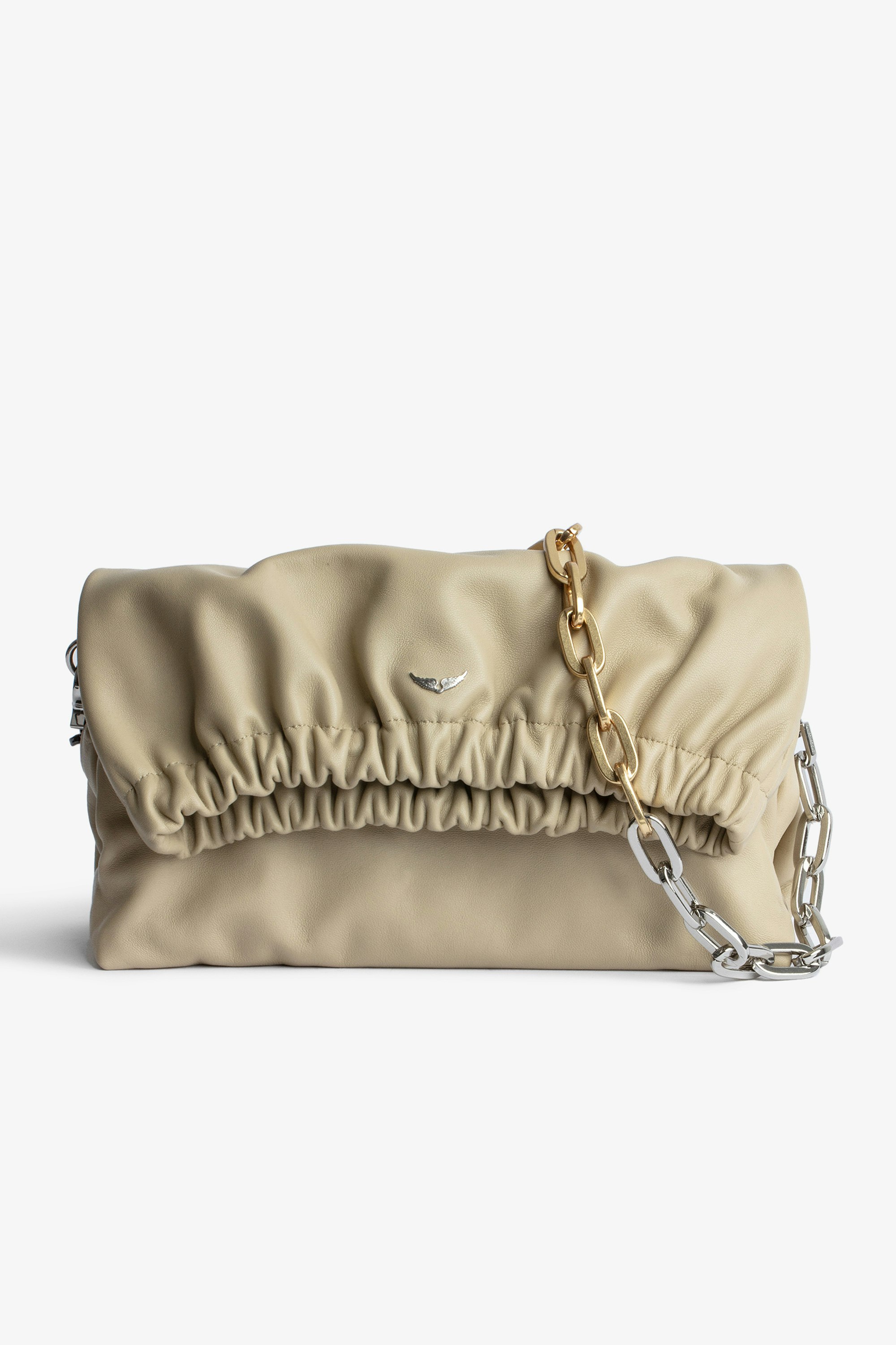 Tasche Rockyssime Damen-Clutch aus beigefarbenem Glattleder mit zweifarbiger Metallkette