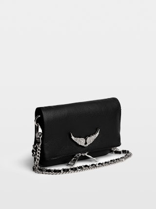 Rock Nano Clutch Swing Your Wings - Black grained leather Swing Your Wings Rock Nano clutch with leather shoulder strap and chain.