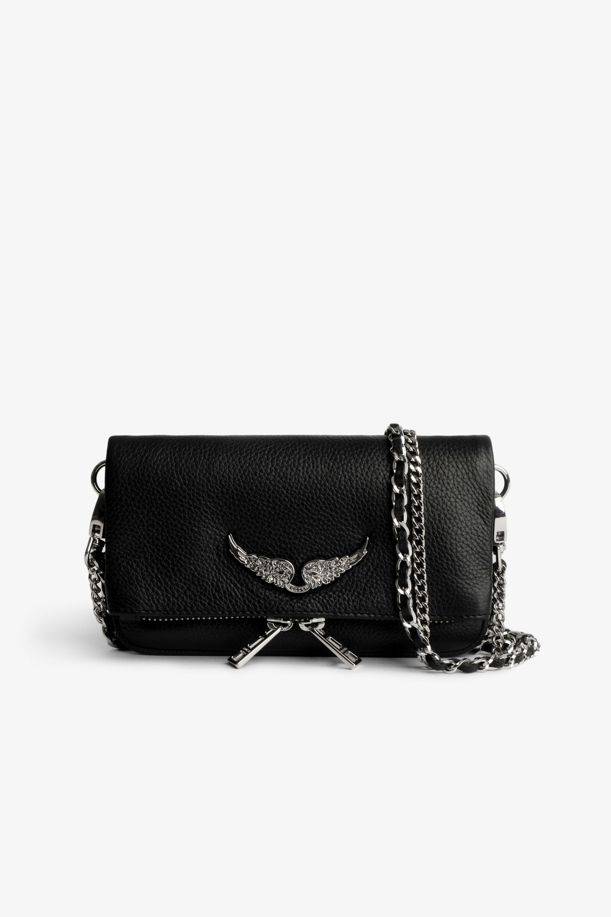 Swing Your Wings Rock Nano Clutch - Women’s black grained leather Swing Your Wings Rock Nano clutch with leather shoulder strap and chain