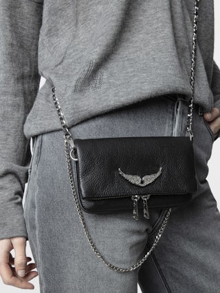 Rock Nano Clutch Swing Your Wings - Black grained leather Swing Your Wings Rock Nano clutch with leather shoulder strap and chain.