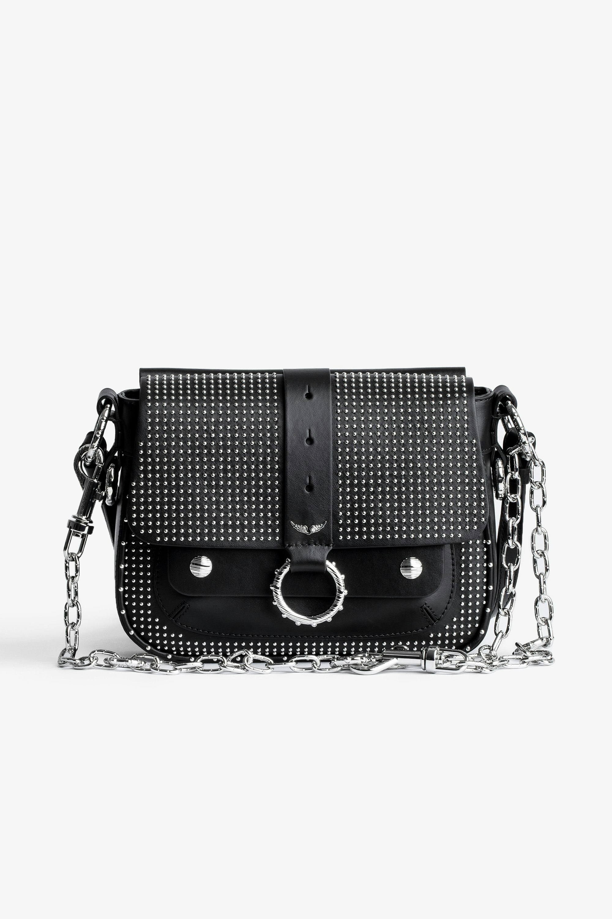 Kate Bag Women’s black leather bag with flap, studs and adjustable shoulder strap