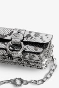 Kate Wallet Bag - Women’s silver metallic snake-embossed leather bag with a shoulder strap and flap