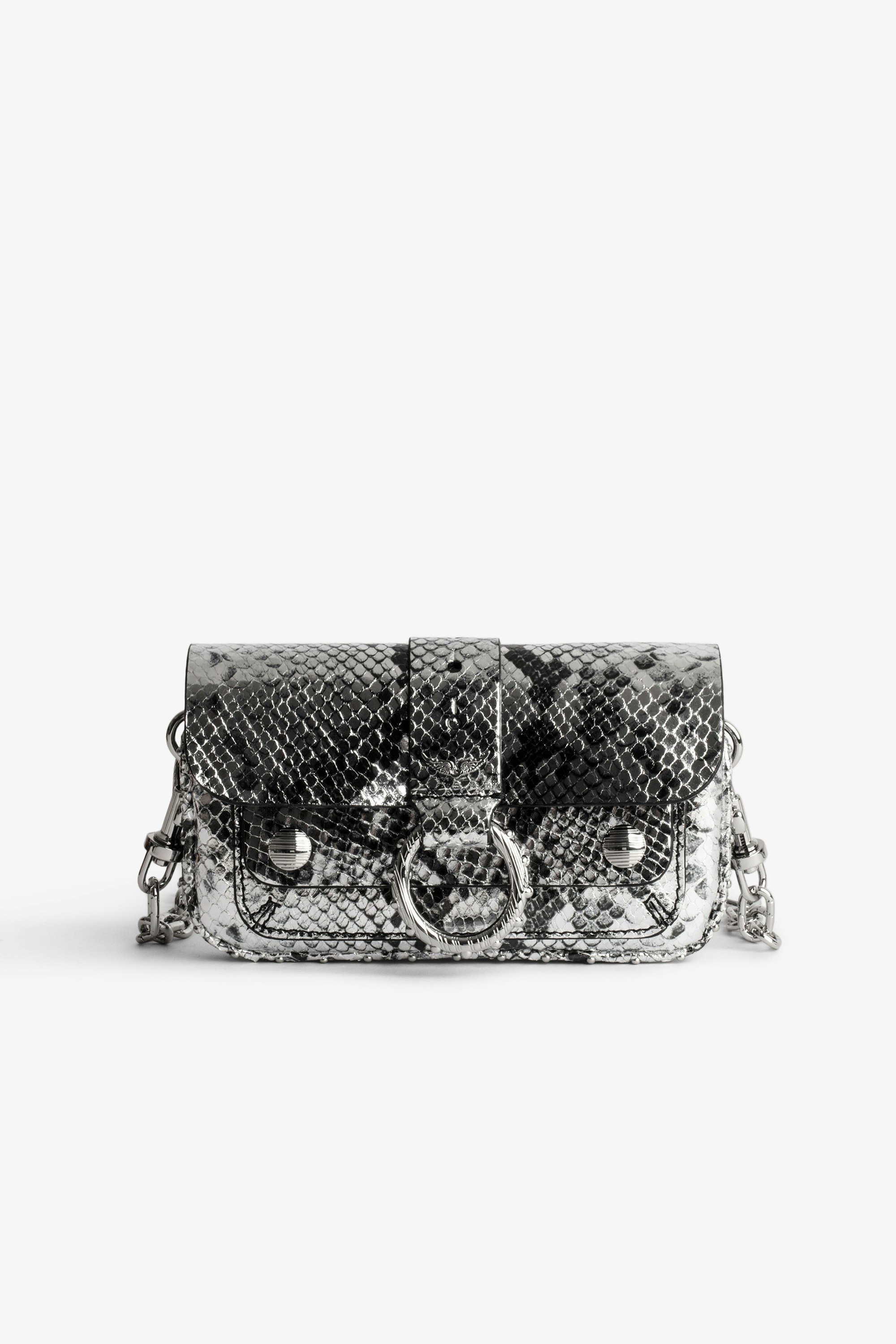 Kate バッグ Women’s silver metallic snake-embossed leather bag with a shoulder strap and flap