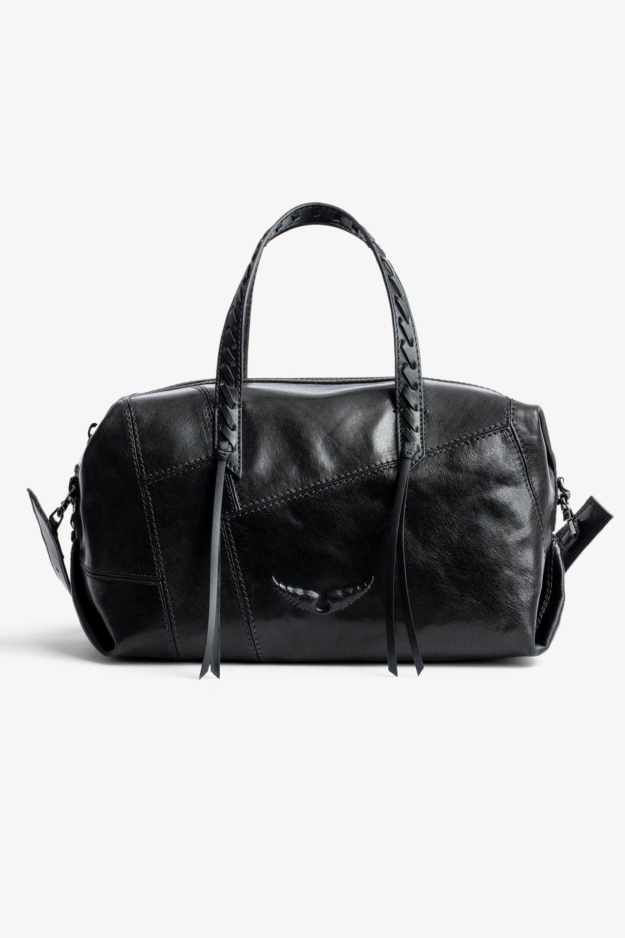Le Cecilia Duffle Patchwork Bag Women’s black leather zipped bag with handles and shoulder strap