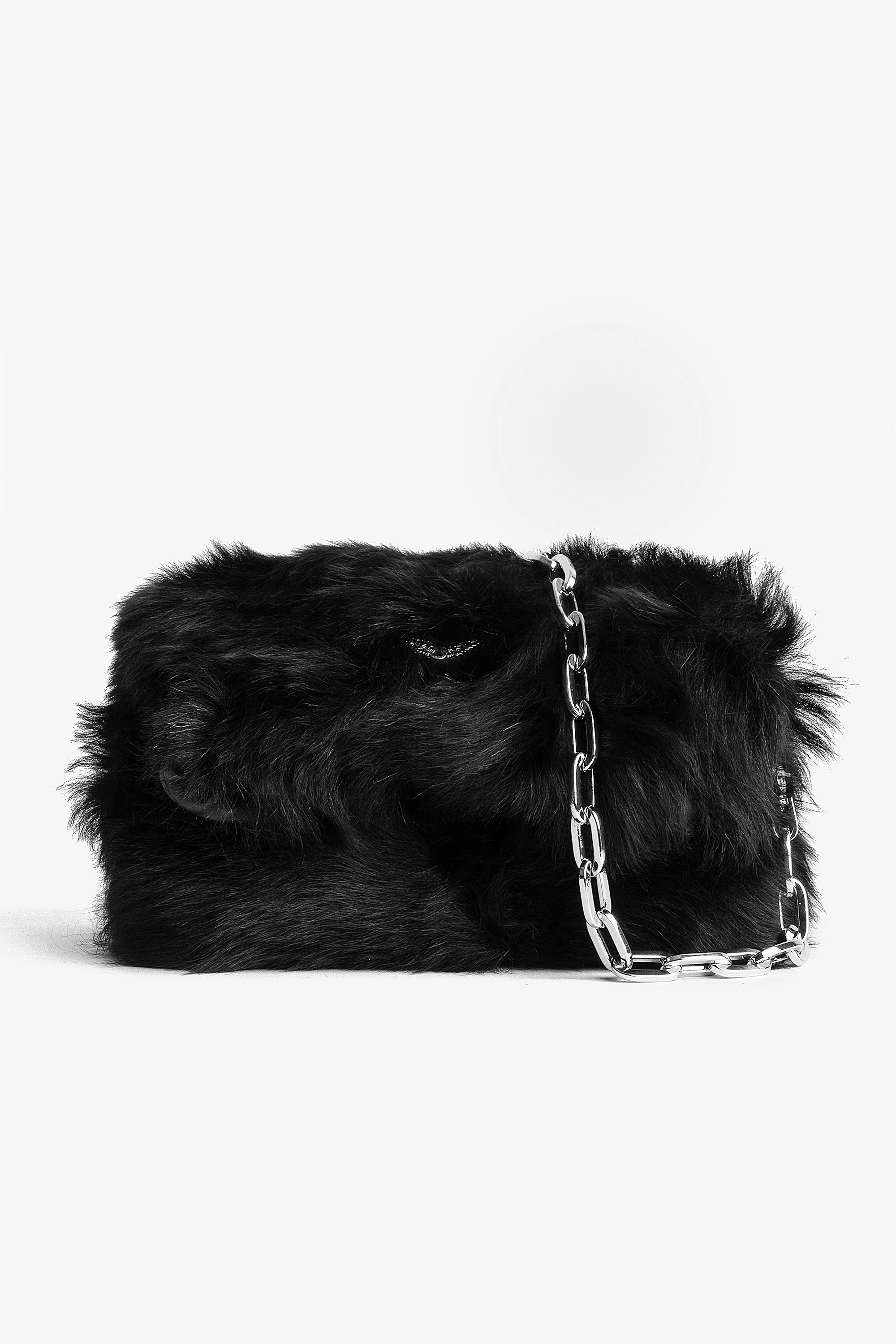 Rockyssime Bag Women’s clutch in black faux fur with gold-tone and metal chain